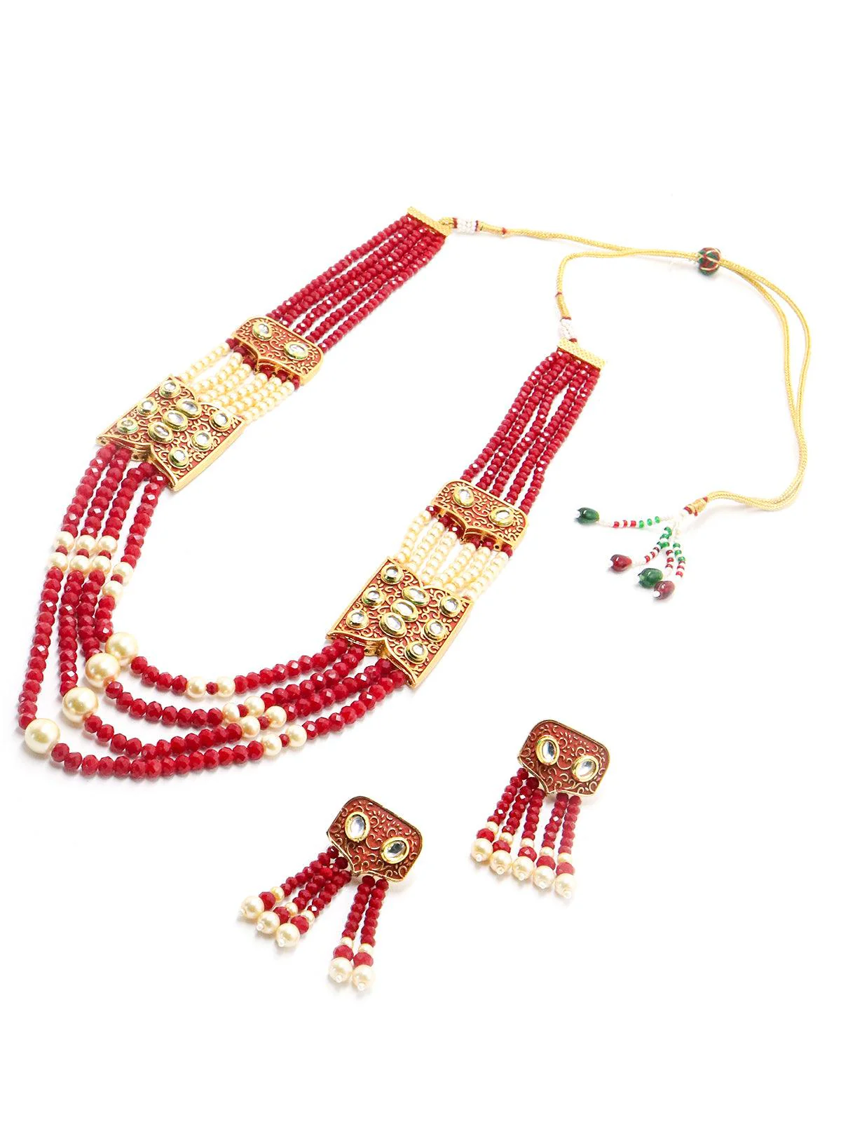 Odette Women Red And Typical Pearl Necklace With Earrings - Image 4