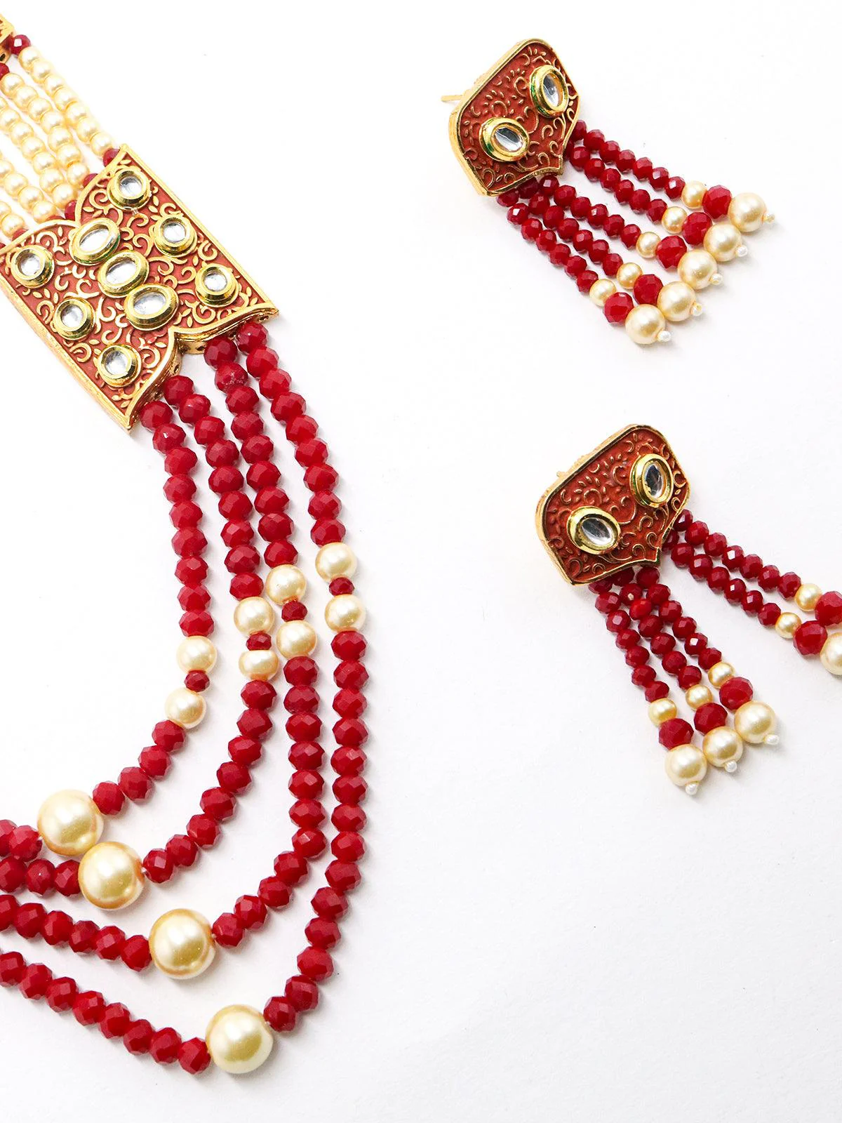 Odette Women Red And Typical Pearl Necklace With Earrings - Image 5
