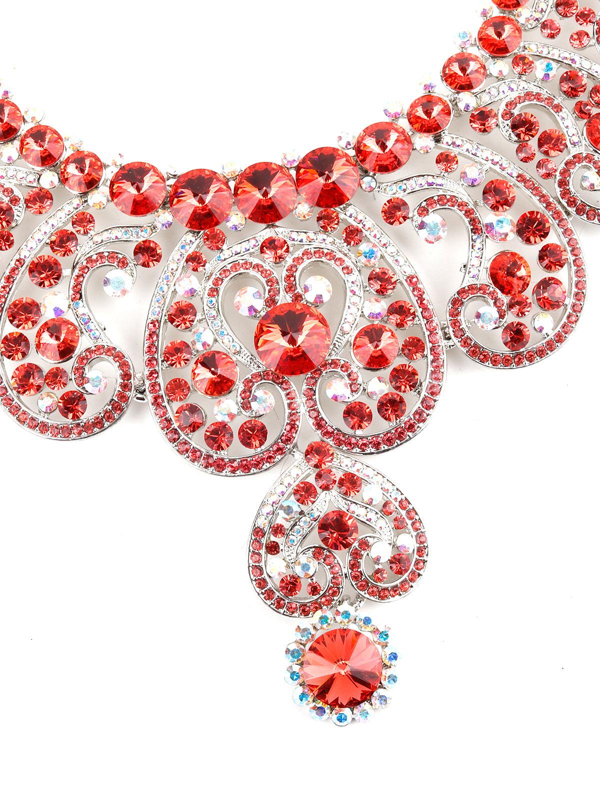 Odette Women Red And White Crystal Floral Necklace Set - Image 3