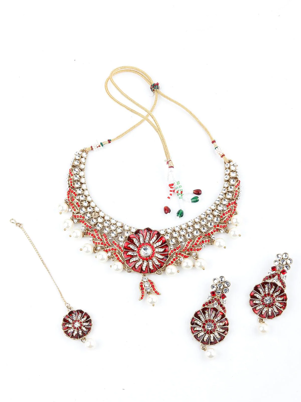 Odette Women Red And White Floral Kundan Choker Necklace Set