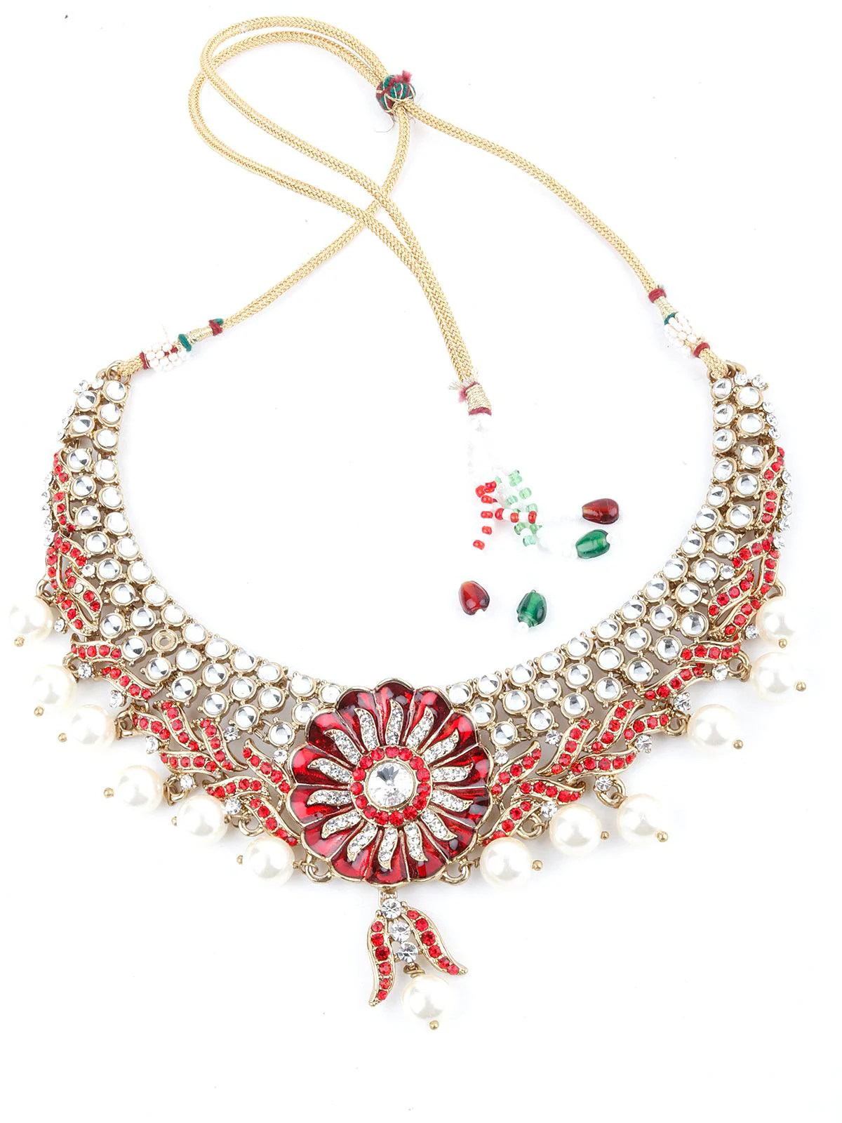 Odette Women Red And White Floral Kundan Choker Necklace Set - Image 2