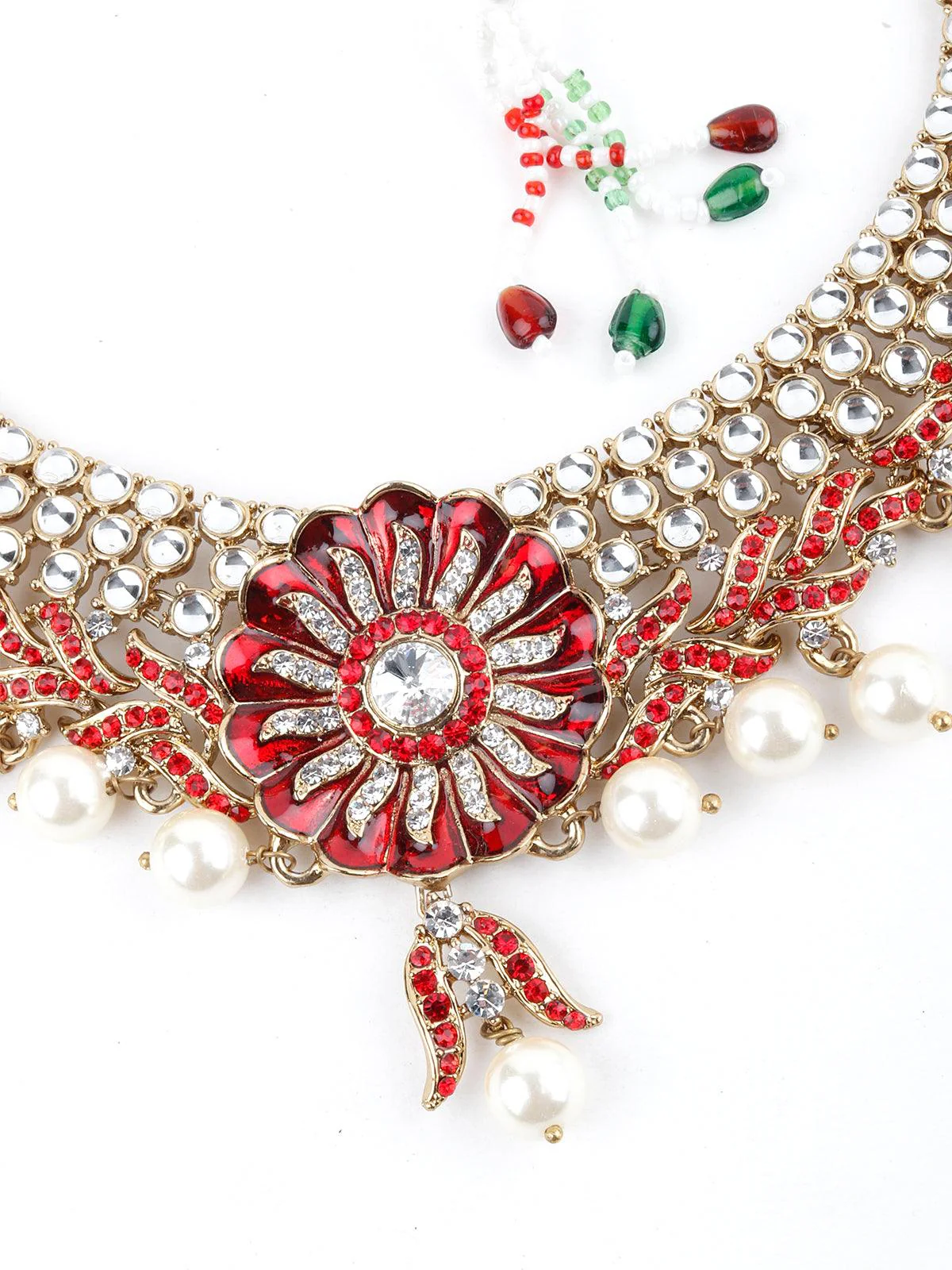 Odette Women Red And White Floral Kundan Choker Necklace Set - Image 3
