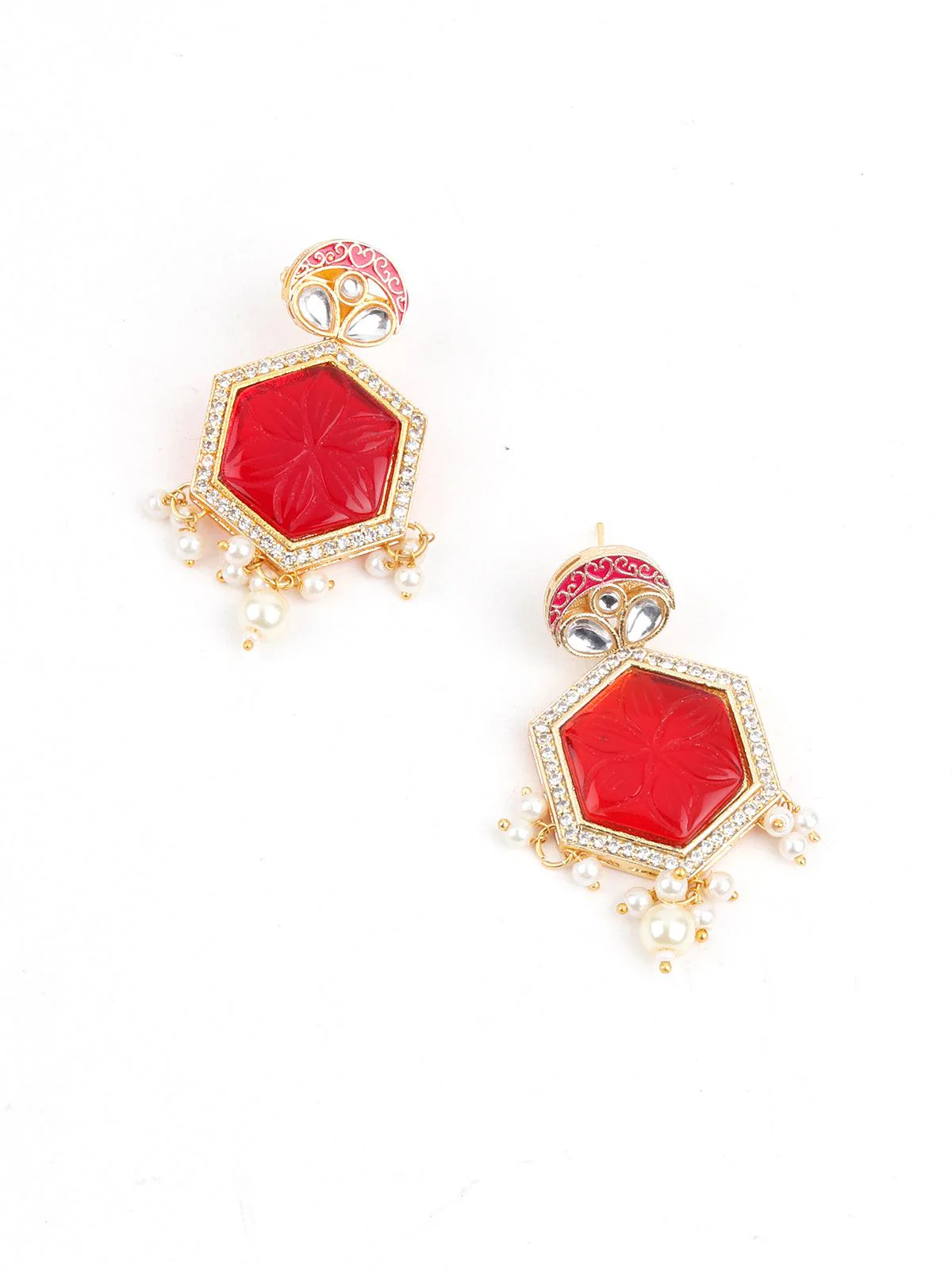 Odette Women Red And White Kundan Jewellery Set - Image 6