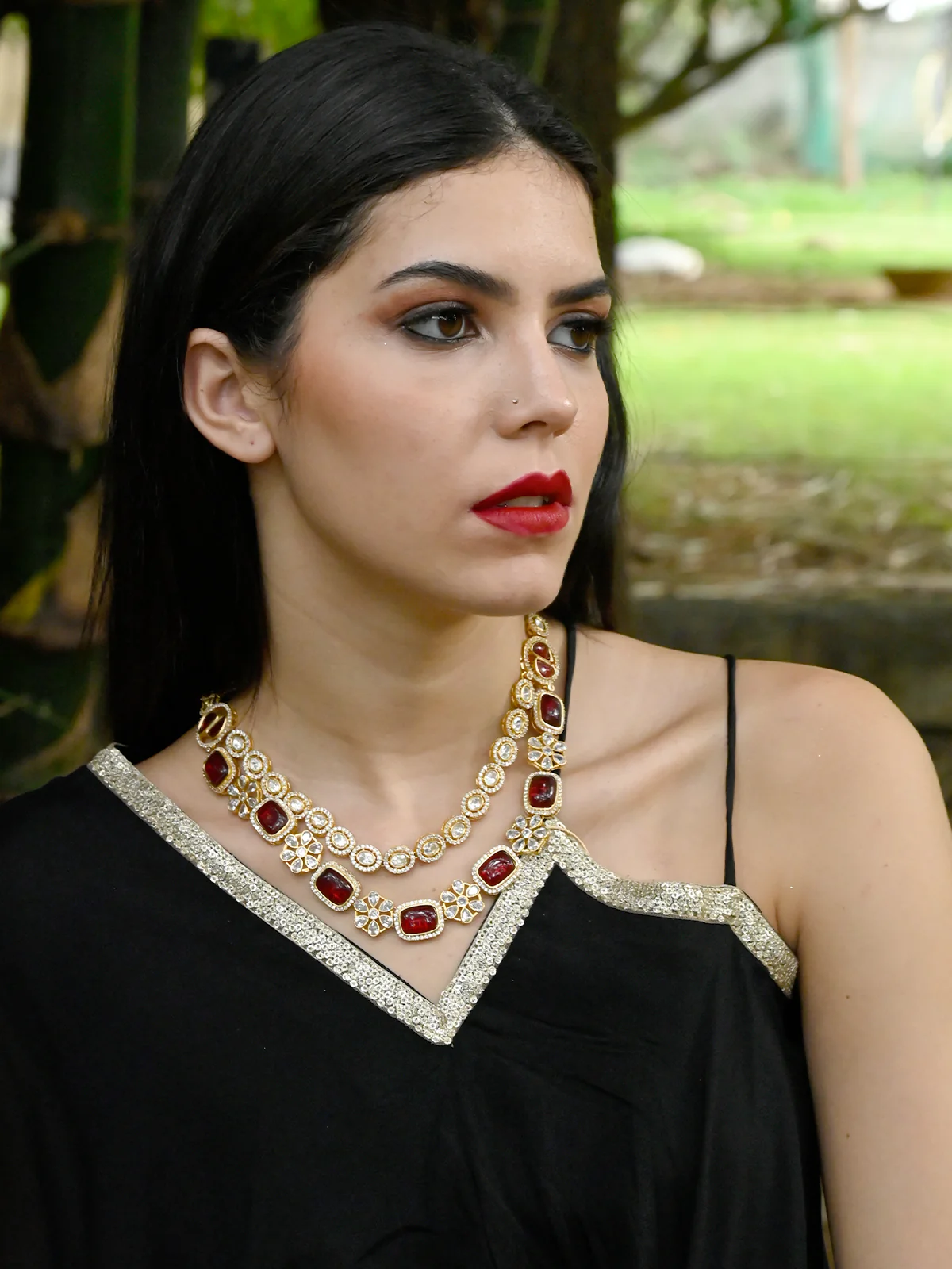 Odette Women Red And White Kundan Necklace Set - Image 2