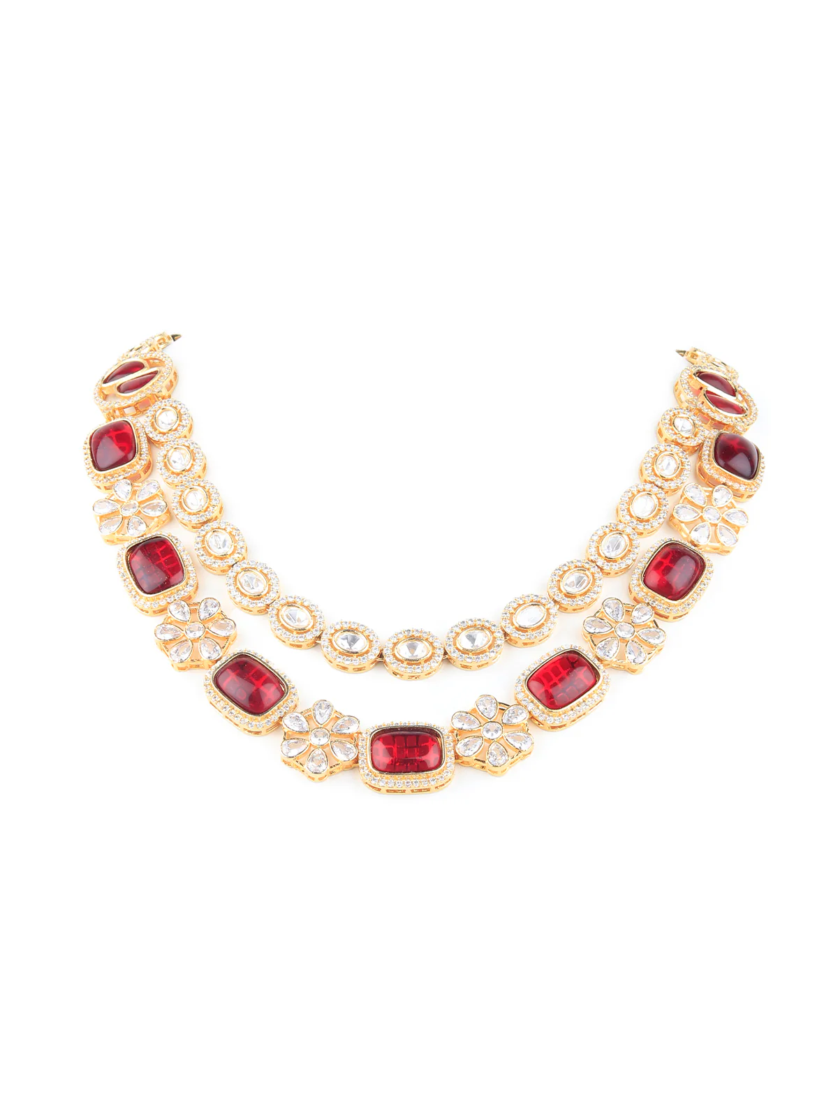 Odette Women Red And White Kundan Necklace Set - Image 3