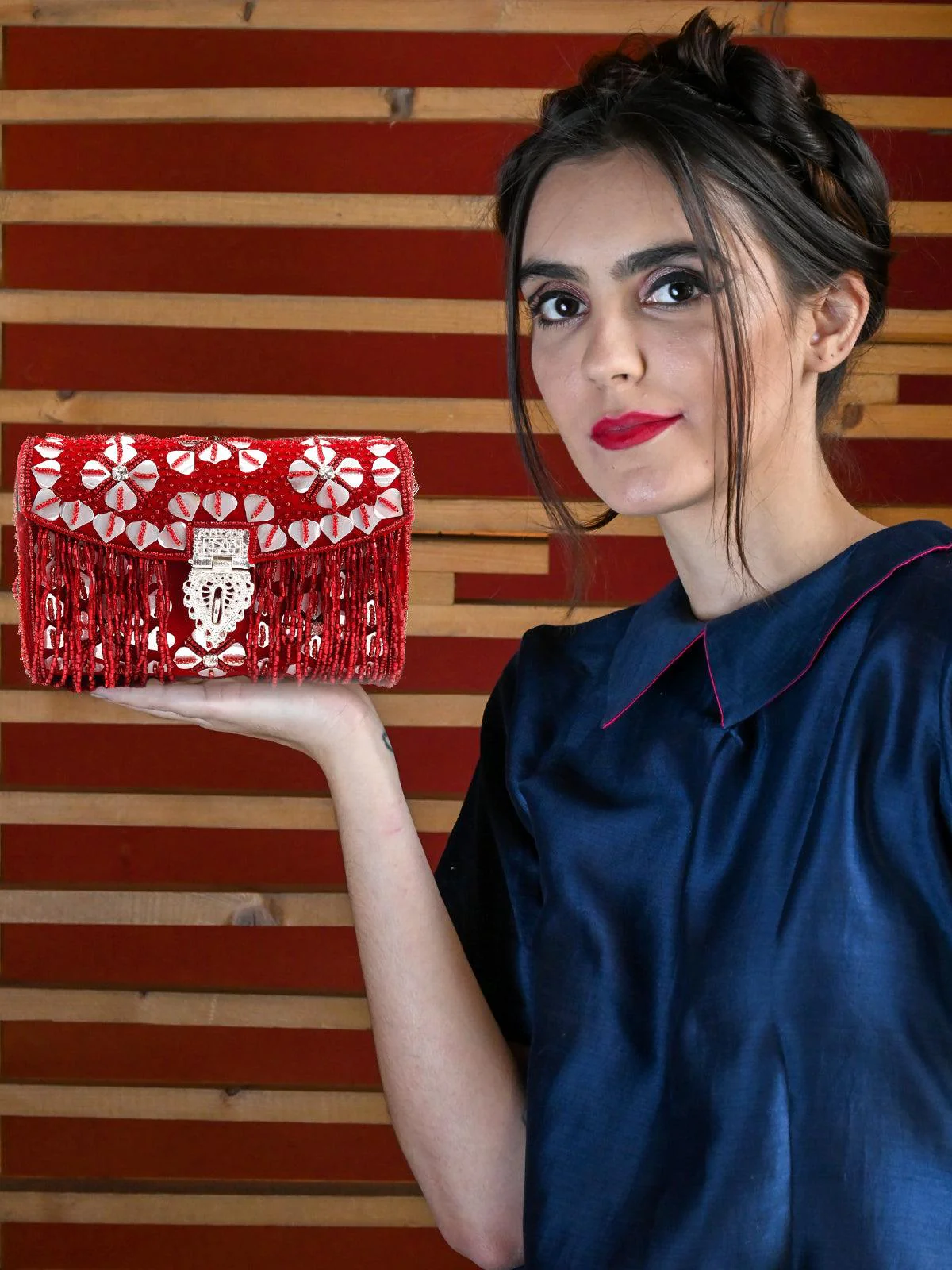 Odette Women Red Beaded Envelope Clutch