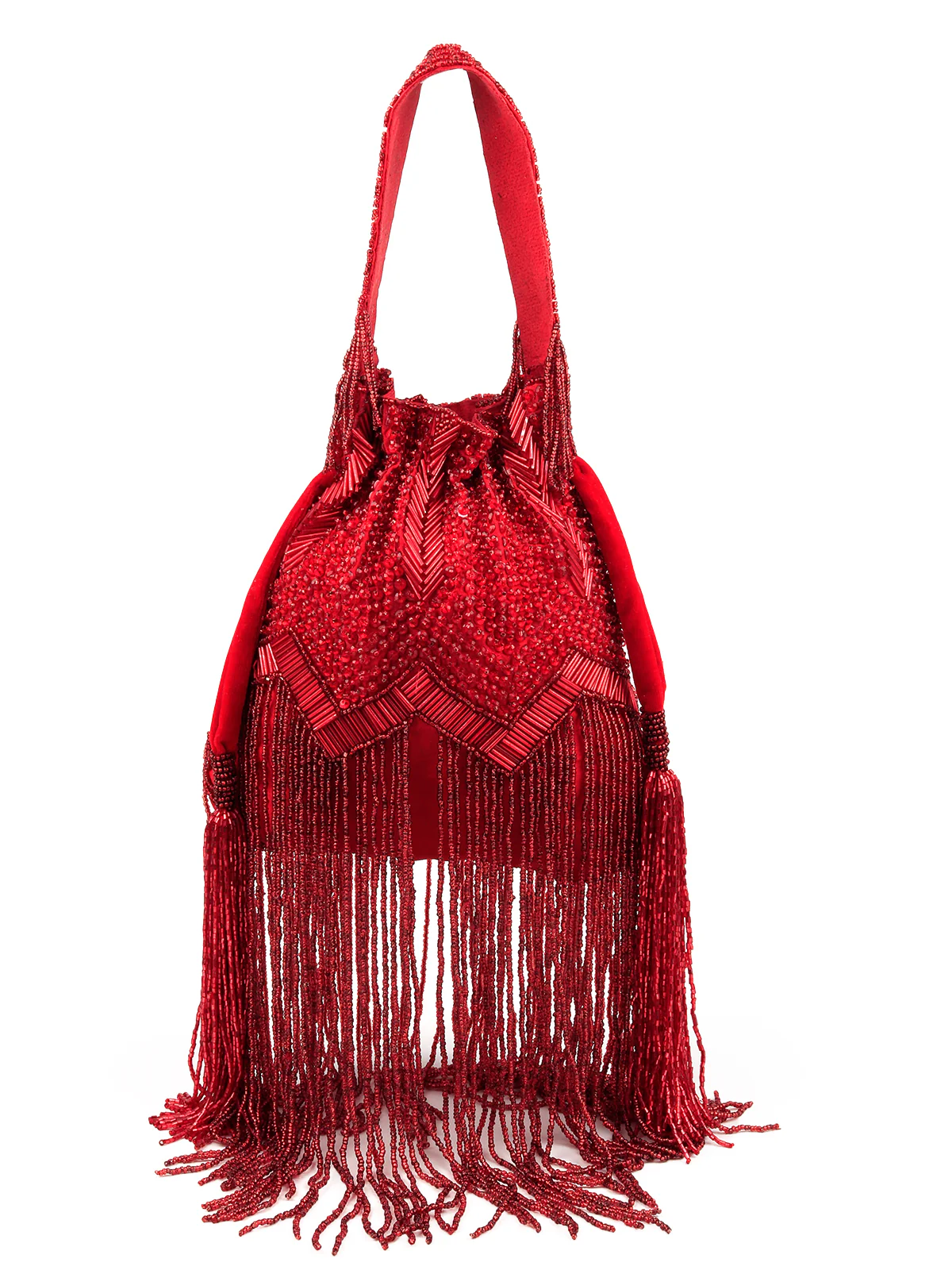 Odette Women Red Beaded Potli Bag With Tassels - Image 3