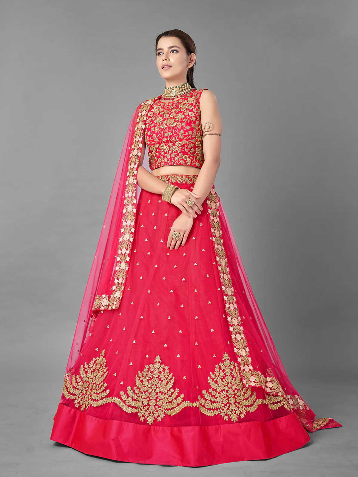 Odette Women Red Thread Embroidered Soft Net Semi Stitched Lehenga With Unstitched Blouse - Image 2