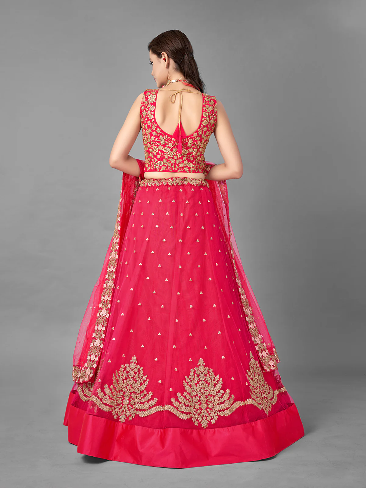 Odette Women Red Thread Embroidered Soft Net Semi Stitched Lehenga With Unstitched Blouse - Image 4