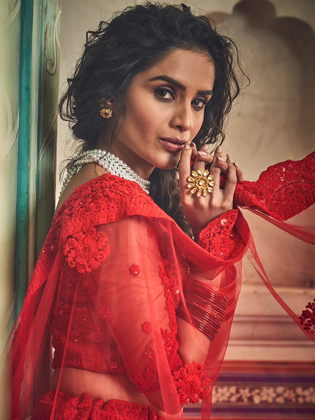 Odette Women Red Embroidered Soft Net Semi Stitched Lehenga With Unstitched Blouse - Image 4