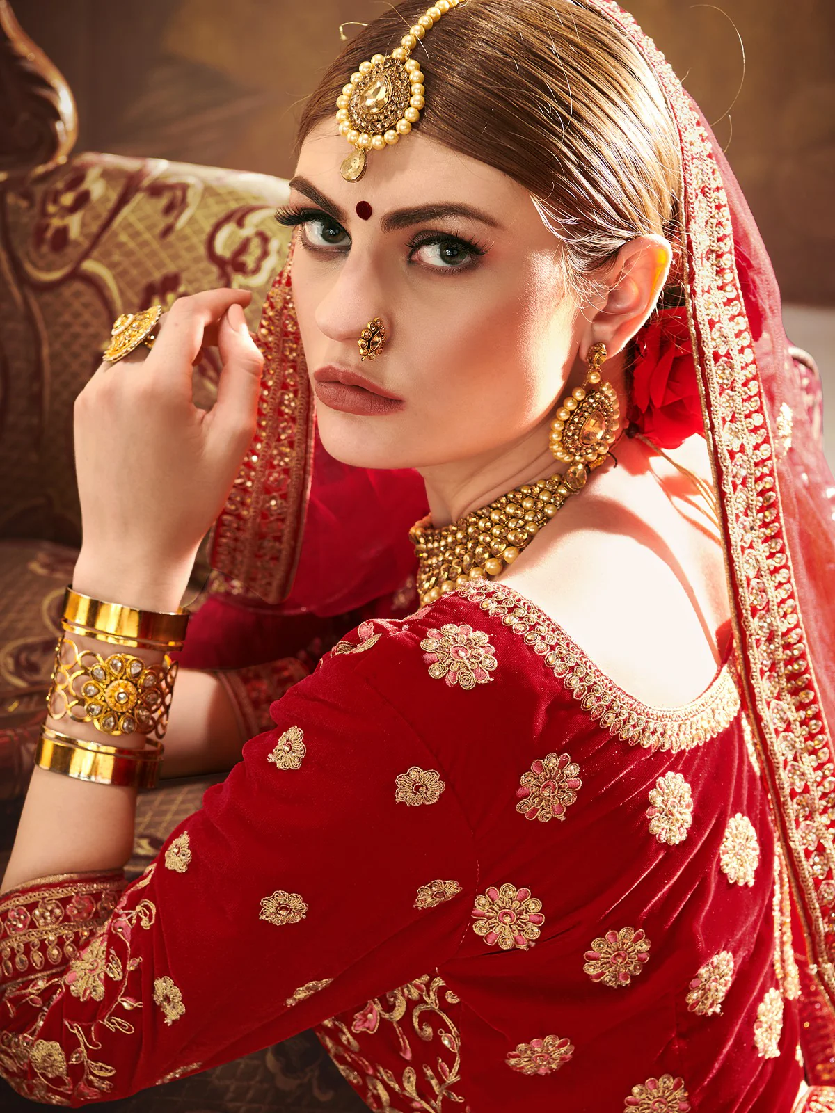 Odette Women Red Elegant Semi Stitched Lehenga With Unstitched Blouse - Image 3
