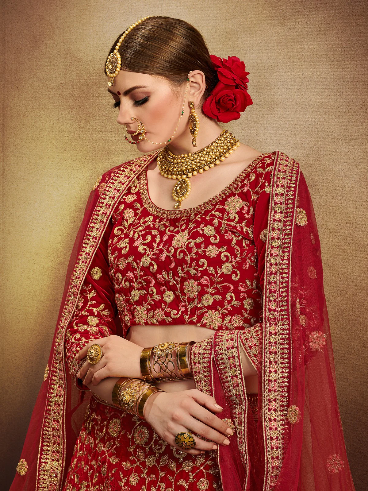 Odette Women Red Elegant Semi Stitched Lehenga With Unstitched Blouse - Image 4