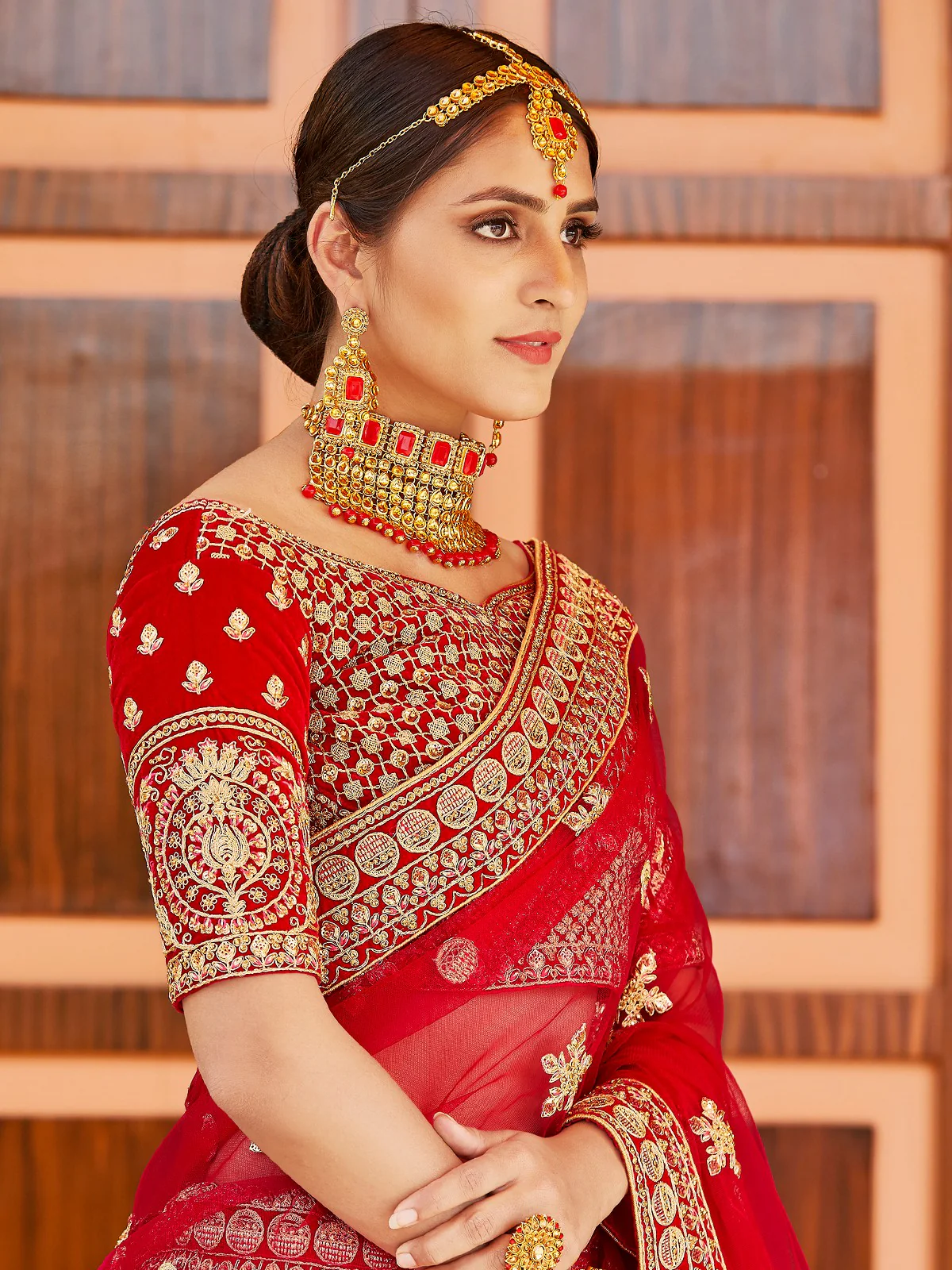 Odette Women Red Elegant  Semi Stitched Lehenga With  Stitched Blouse - Image 3