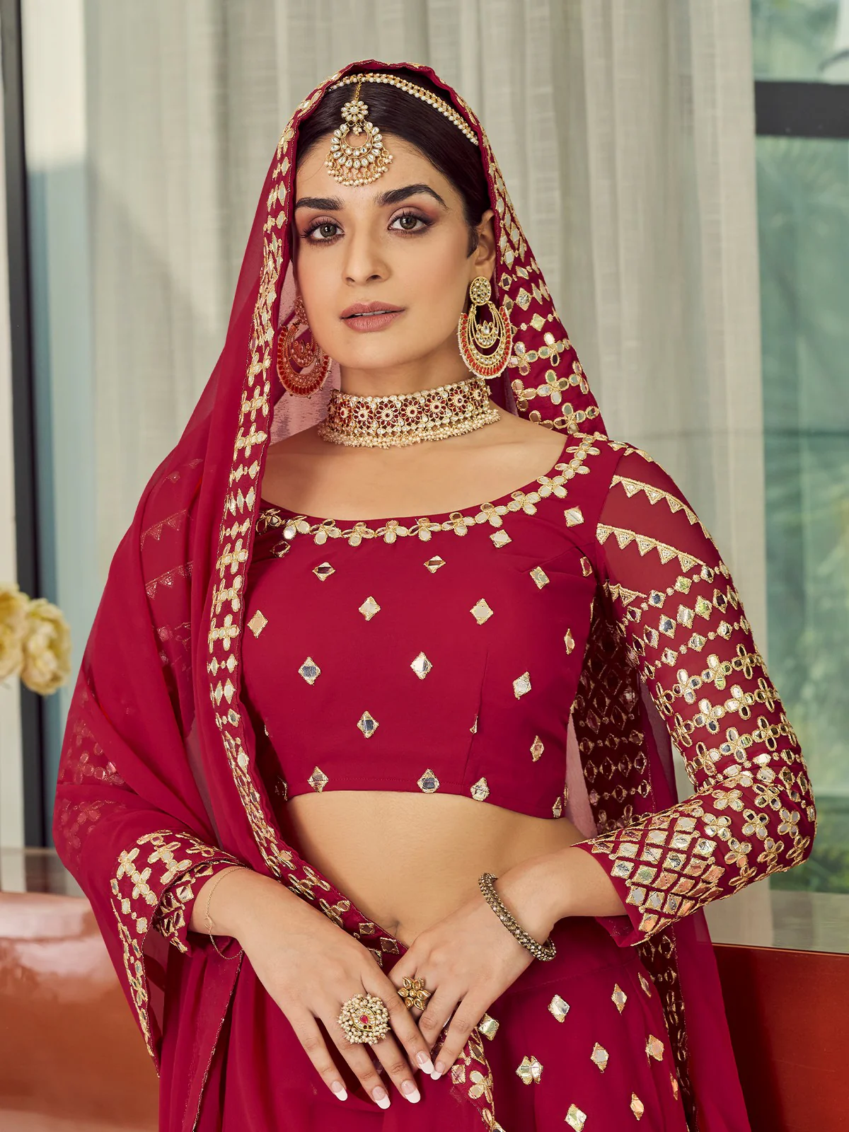 Odette Women Red Elegant  Semi Stitched Lehenga With  Unstitched Blouse - Image 3