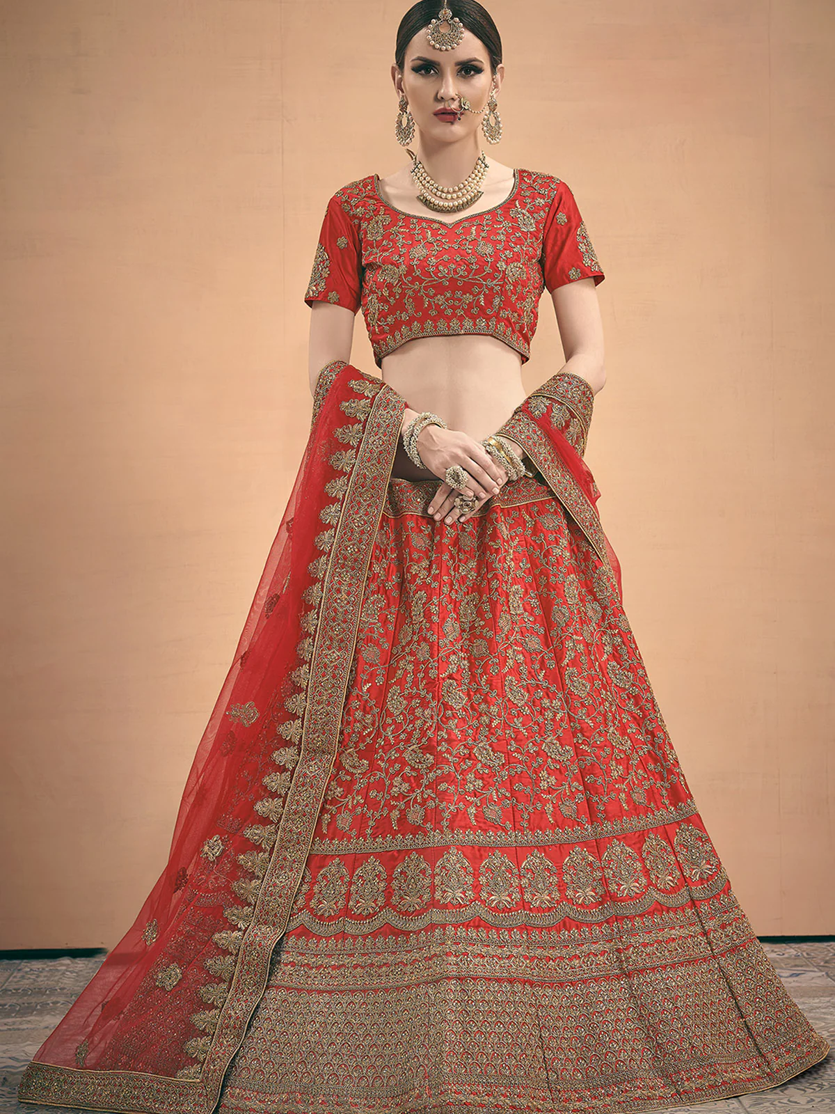 Odette Women Red Embroidered Bridal Semi Stitched Lehenga With Unstitched Blouse - Image 2