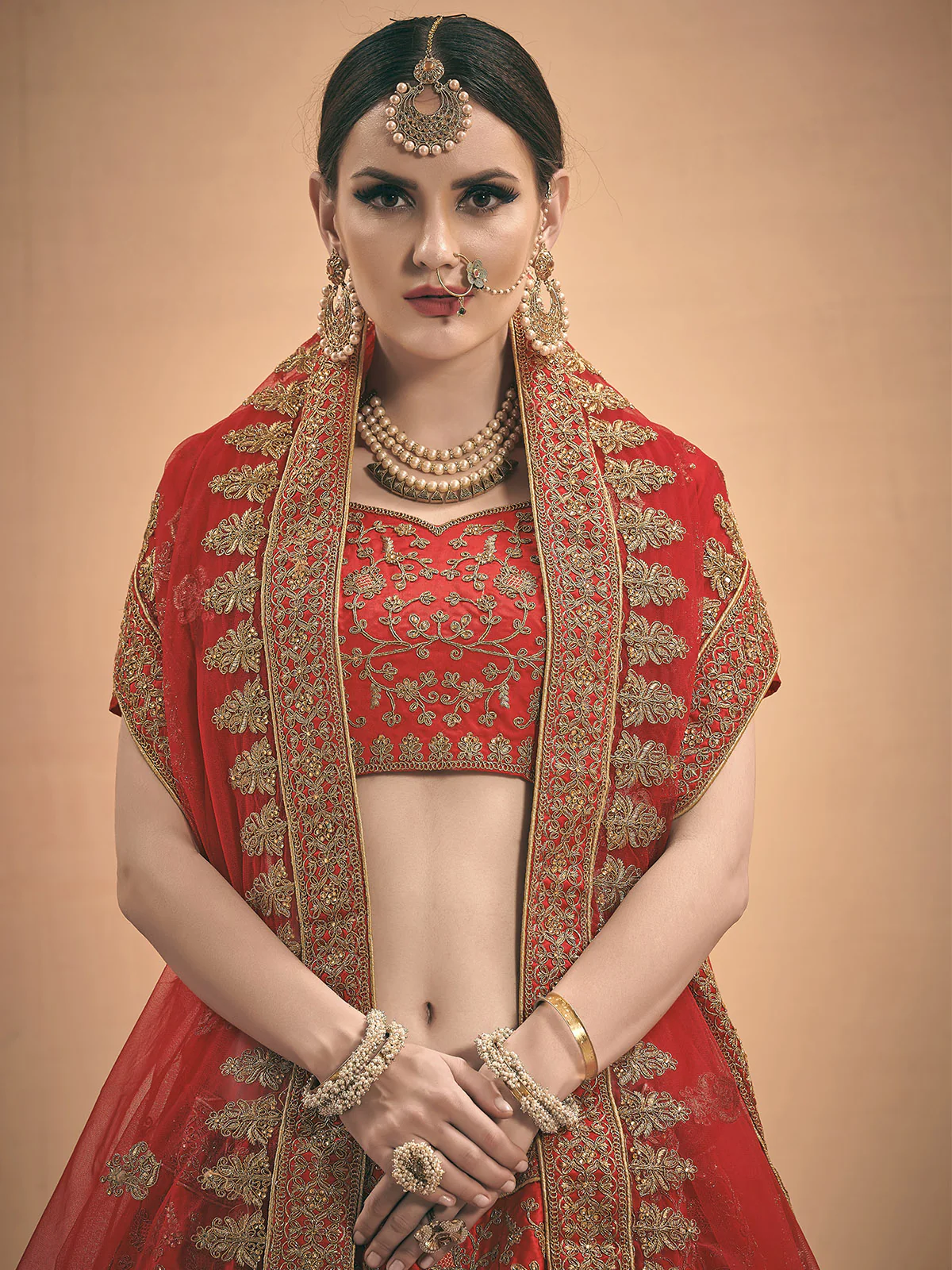 Odette Women Red Embroidered Bridal Semi Stitched Lehenga With Unstitched Blouse - Image 3
