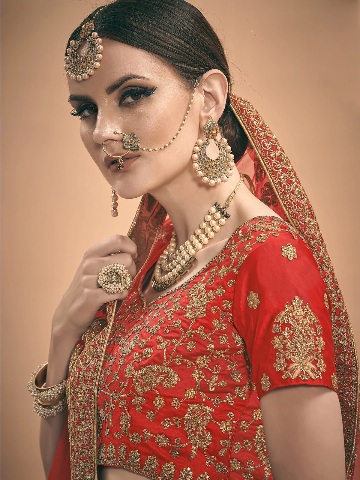 Odette Women Red Embroidered Bridal Semi Stitched Lehenga With Unstitched Blouse - Image 4