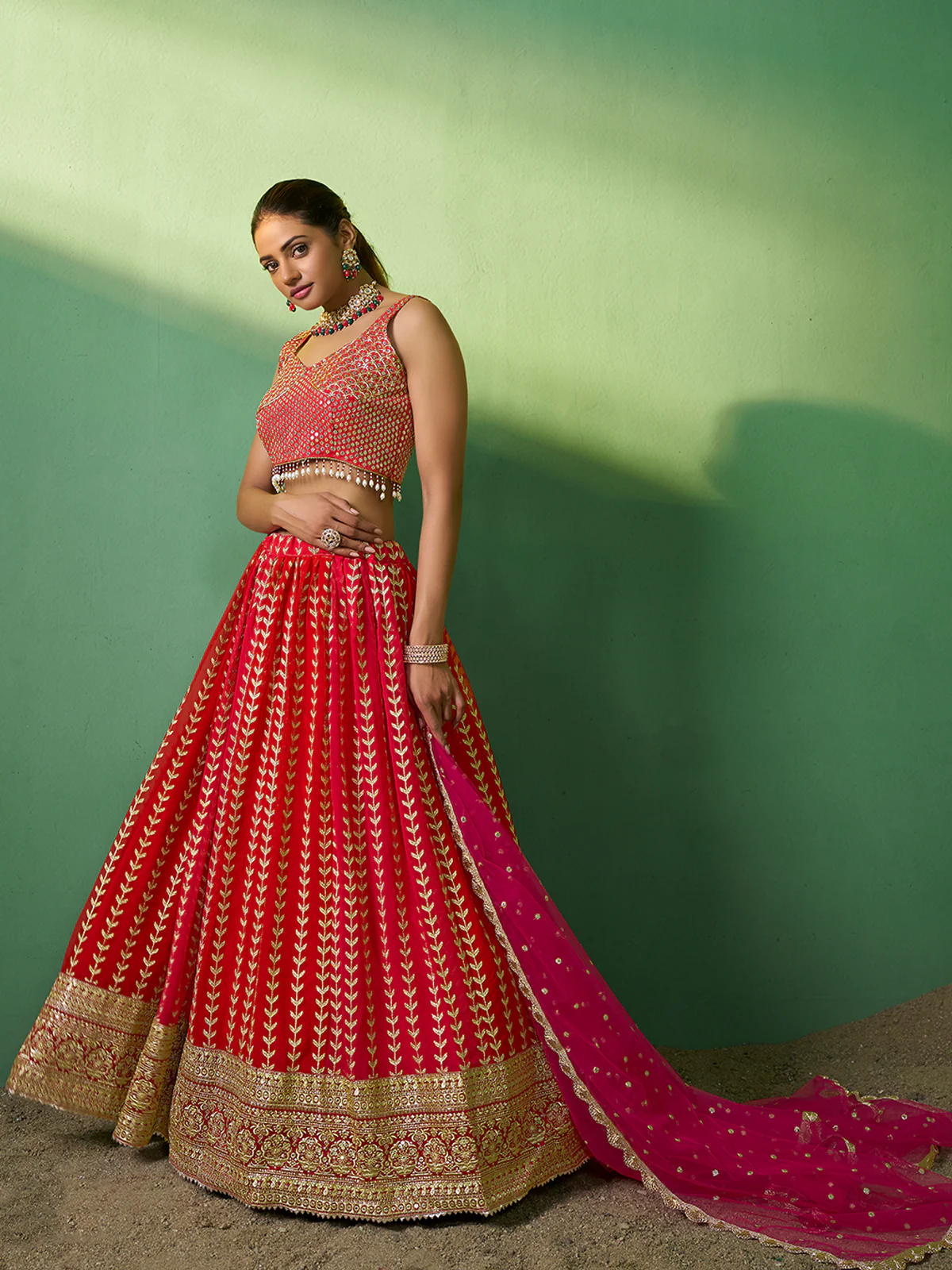 Odette Women Red Embroidered Semi Stitched Lehenga With Unstitched Blouse - Image 3