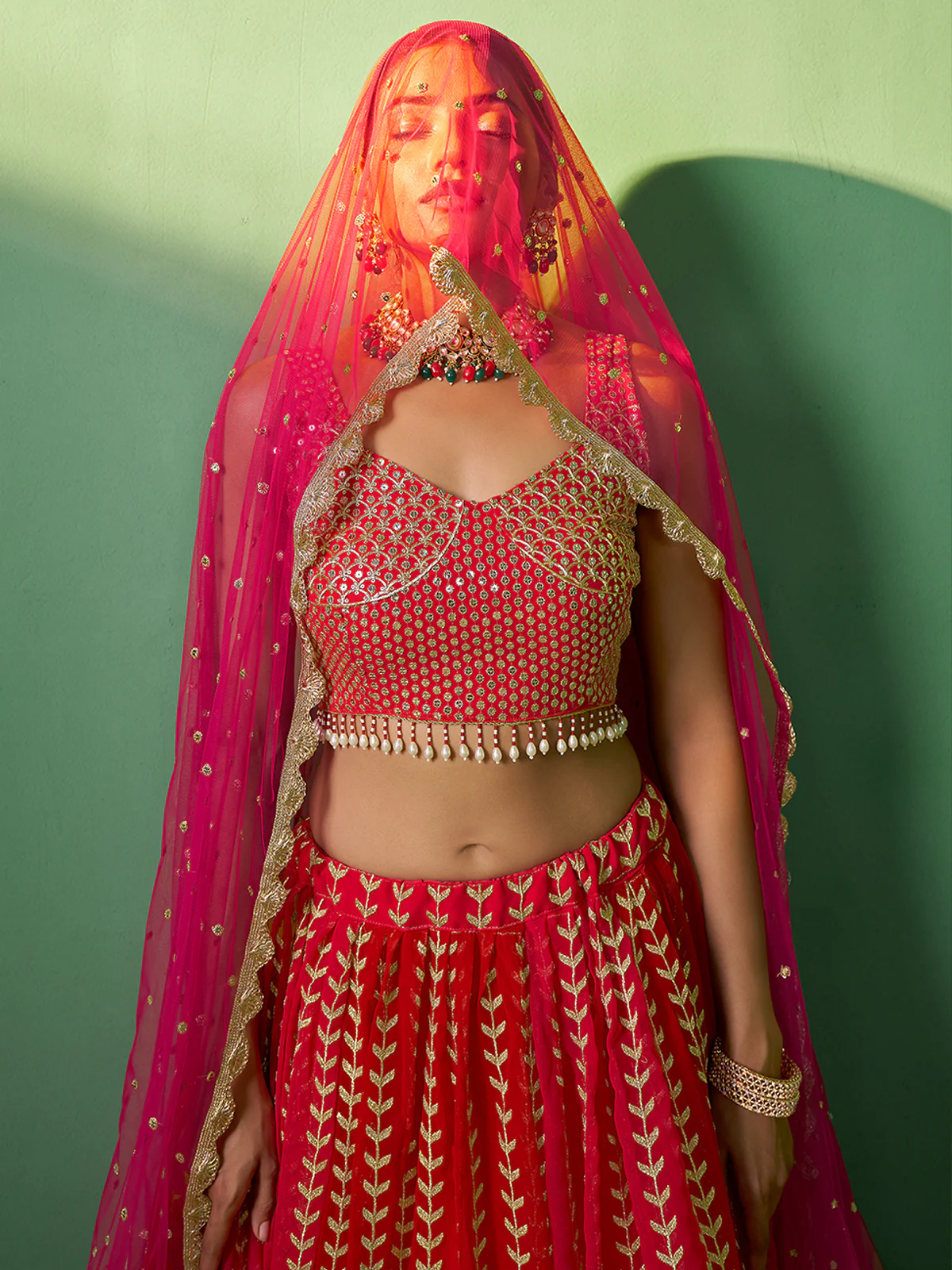 Odette Women Red Embroidered Semi Stitched Lehenga With Unstitched Blouse - Image 5
