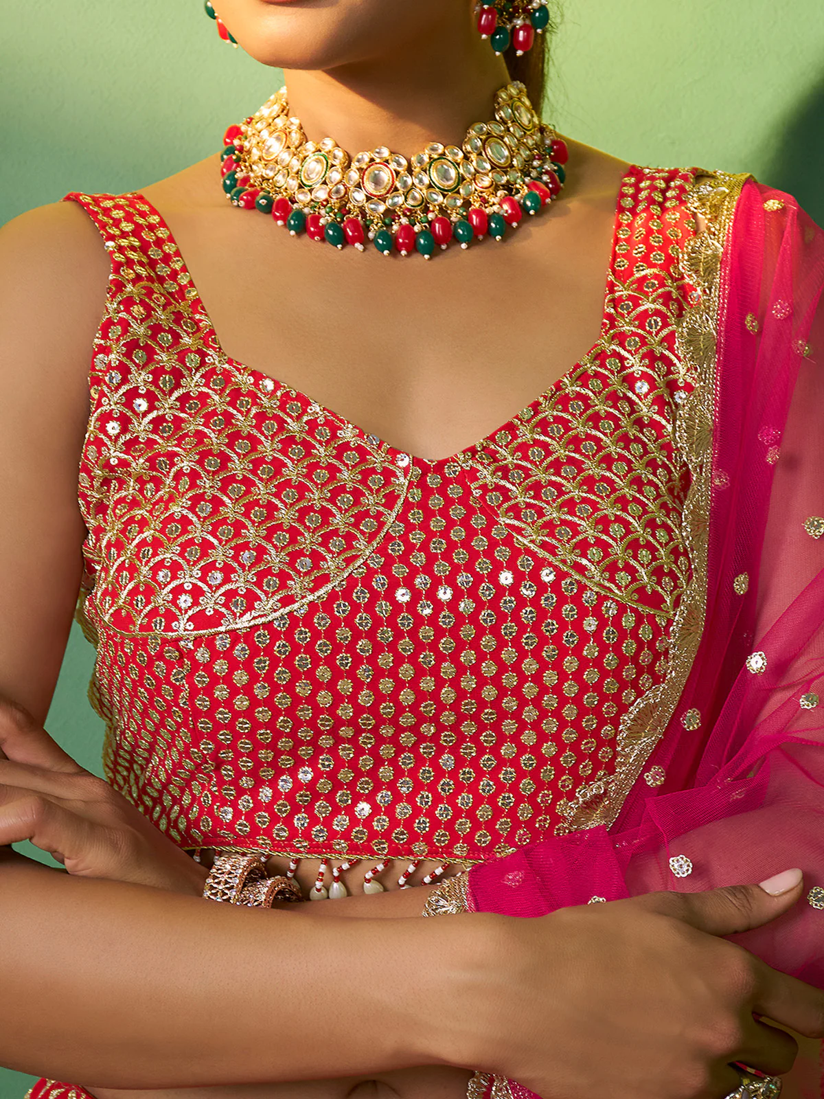 Odette Women Red Embroidered Semi Stitched Lehenga With Unstitched Blouse - Image 6