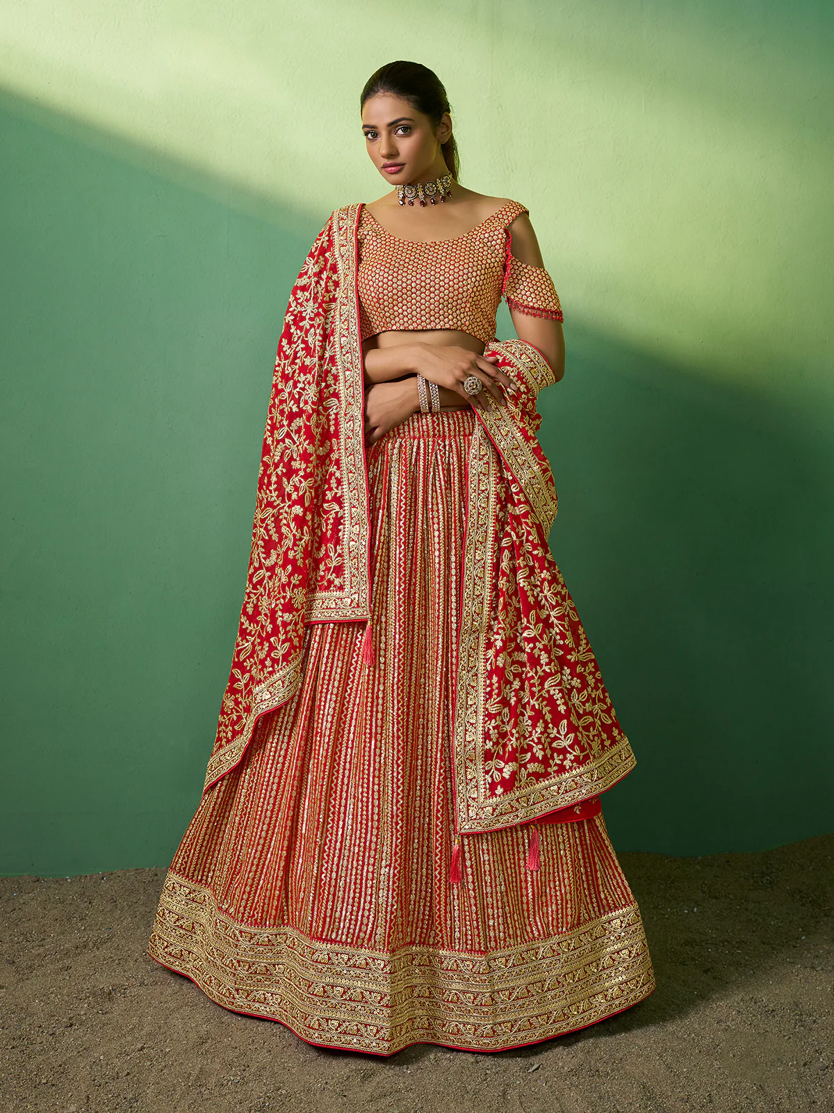 Odette Women Red Embroidered Semi Stitched Lehenga With Unstitched Blouse - Image 2