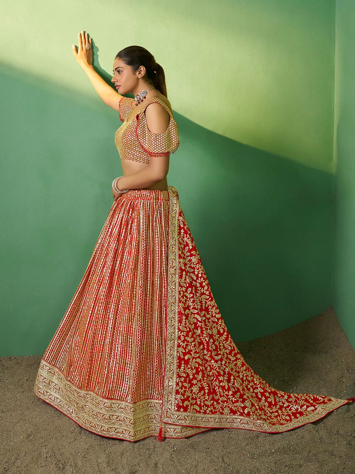 Odette Women Red Embroidered Semi Stitched Lehenga With Unstitched Blouse - Image 3