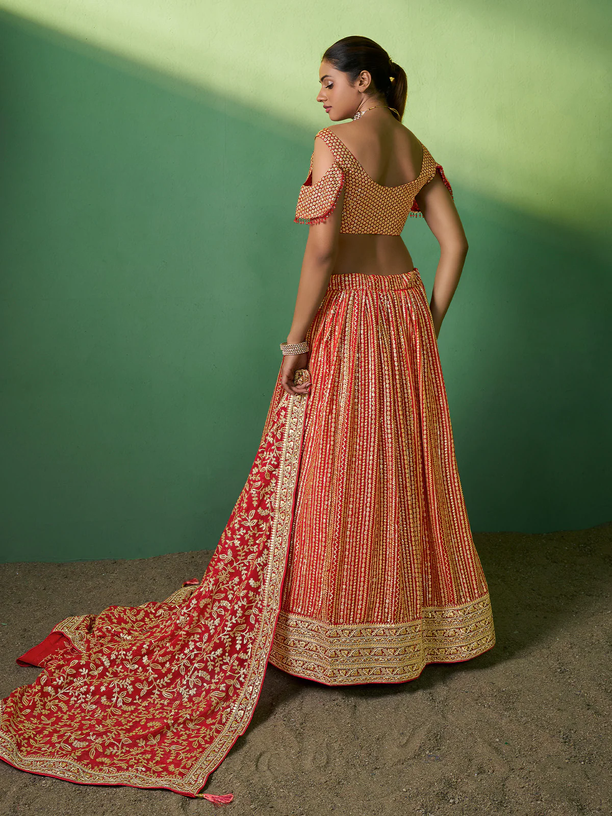 Odette Women Red Embroidered Semi Stitched Lehenga With Unstitched Blouse - Image 4