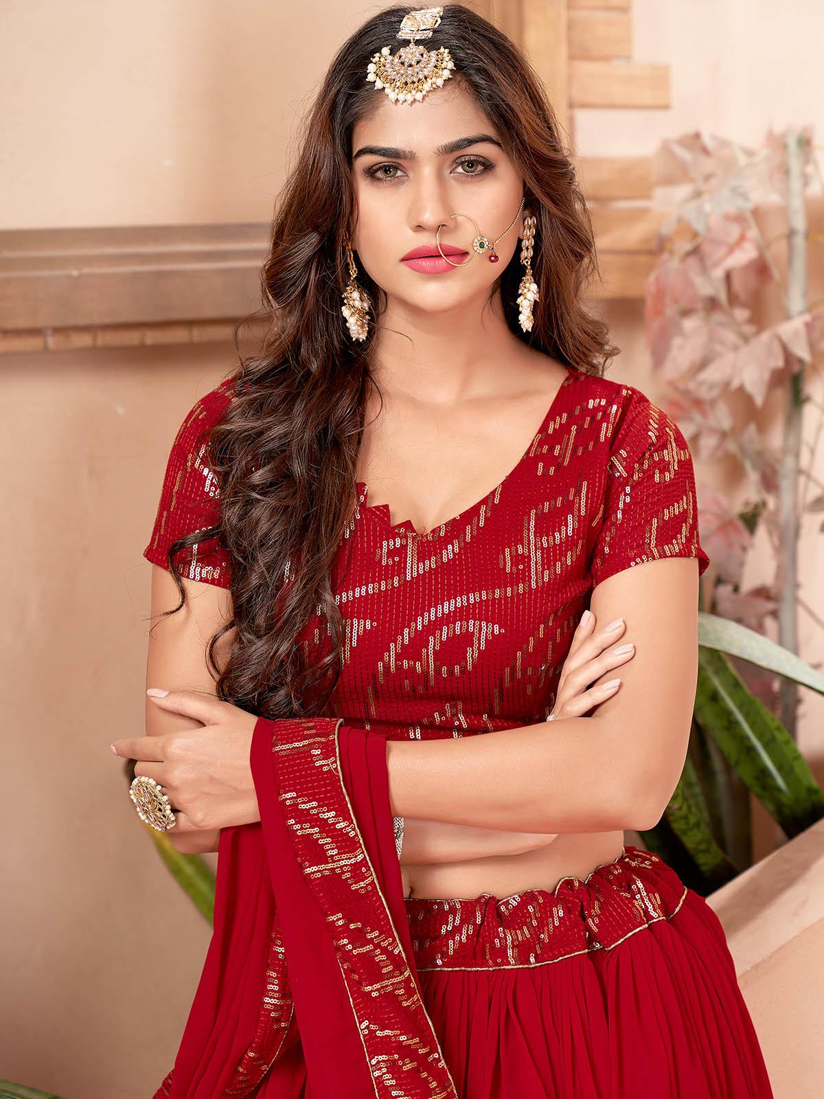 Odette Women Red Faux Georgette Semi Stitched Lehenga With Unstitched Blouse - Image 3