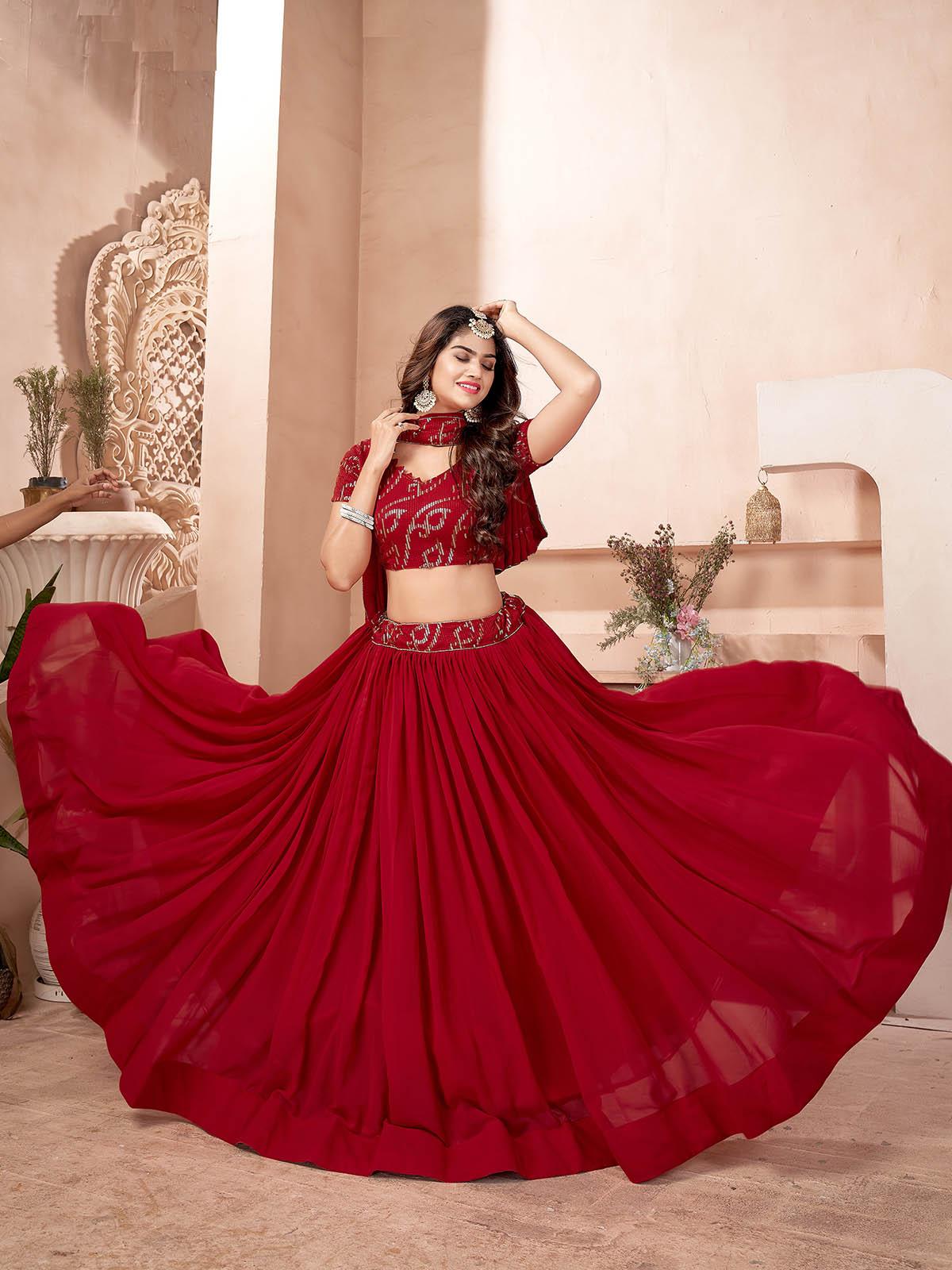 Odette Women Red Faux Georgette Semi Stitched Lehenga With Unstitched Blouse - Image 5