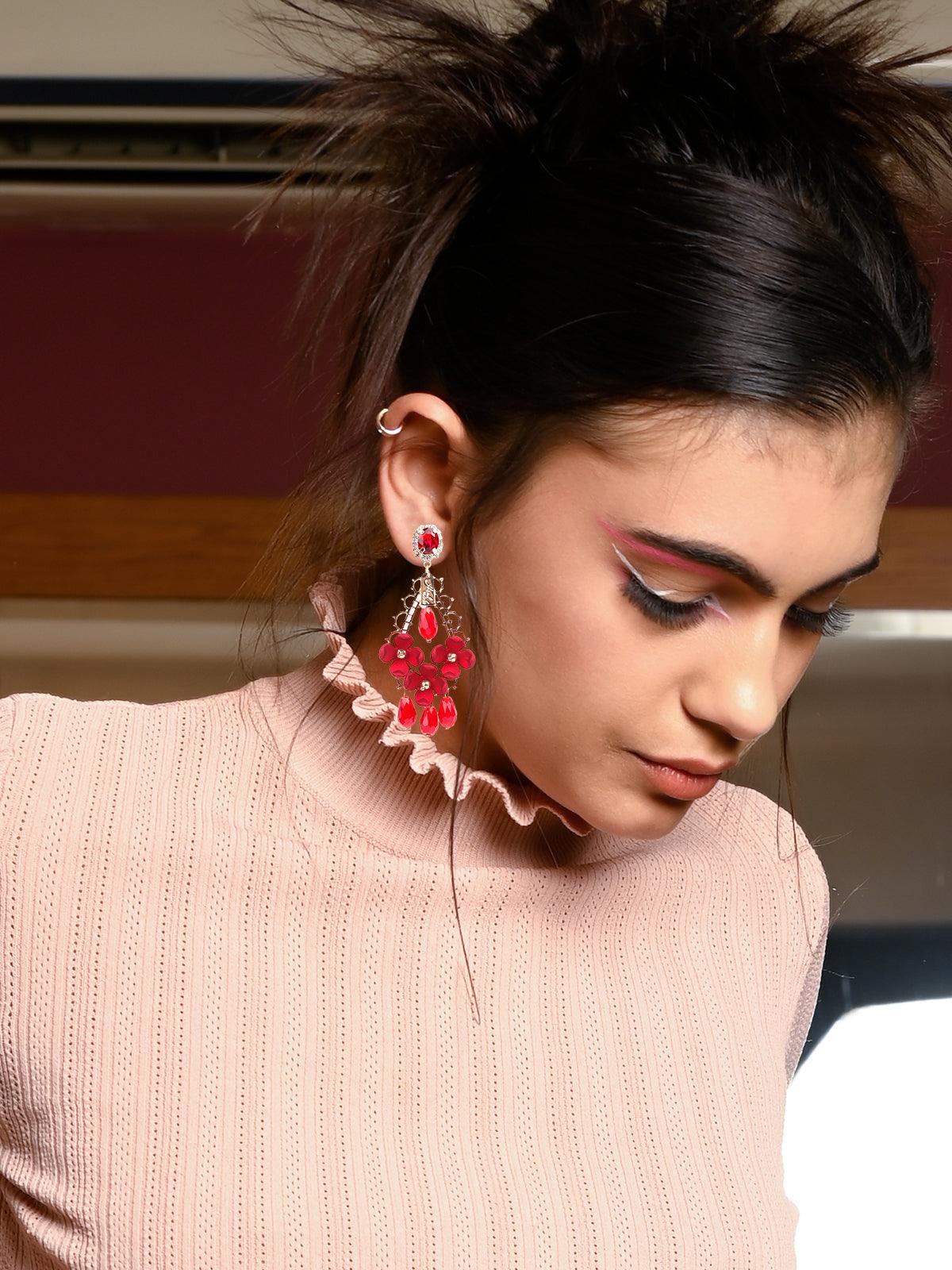Odette Women Red Floral Chandelier Drop Earrings - Image 2