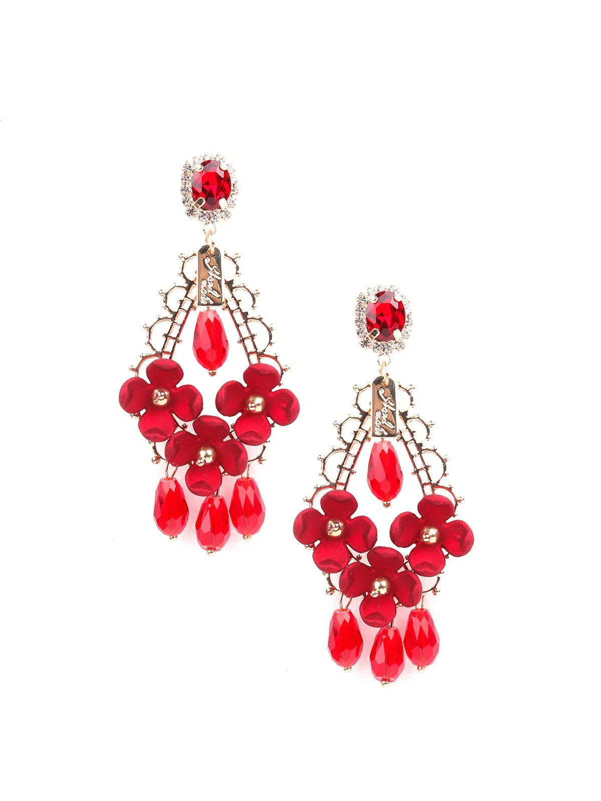 Odette Women Red Floral Chandelier Drop Earrings - Image 3