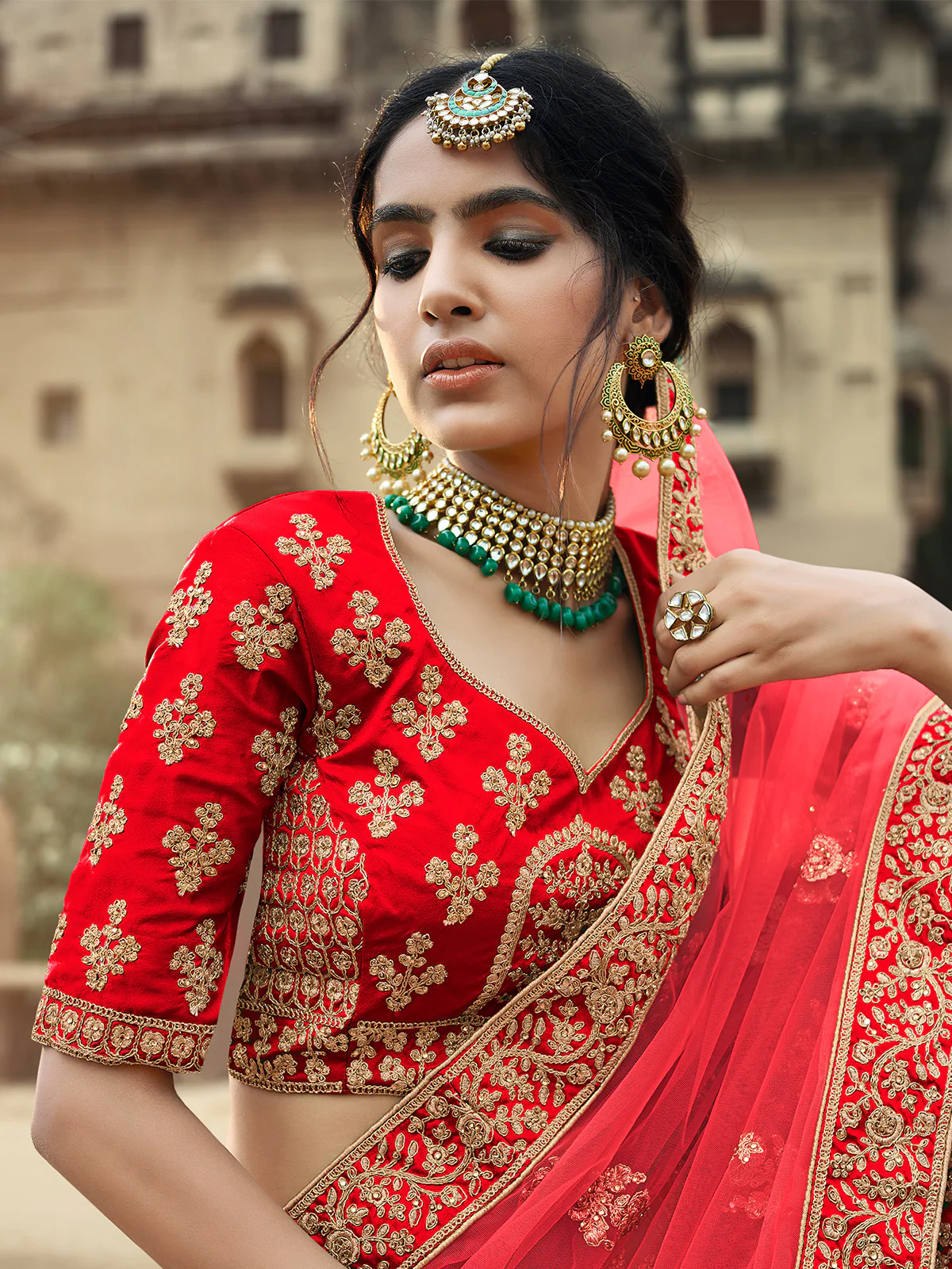 Odette Women Red Embroidered Semi Stitched Lehenga With Unstitched Blouse - Image 2