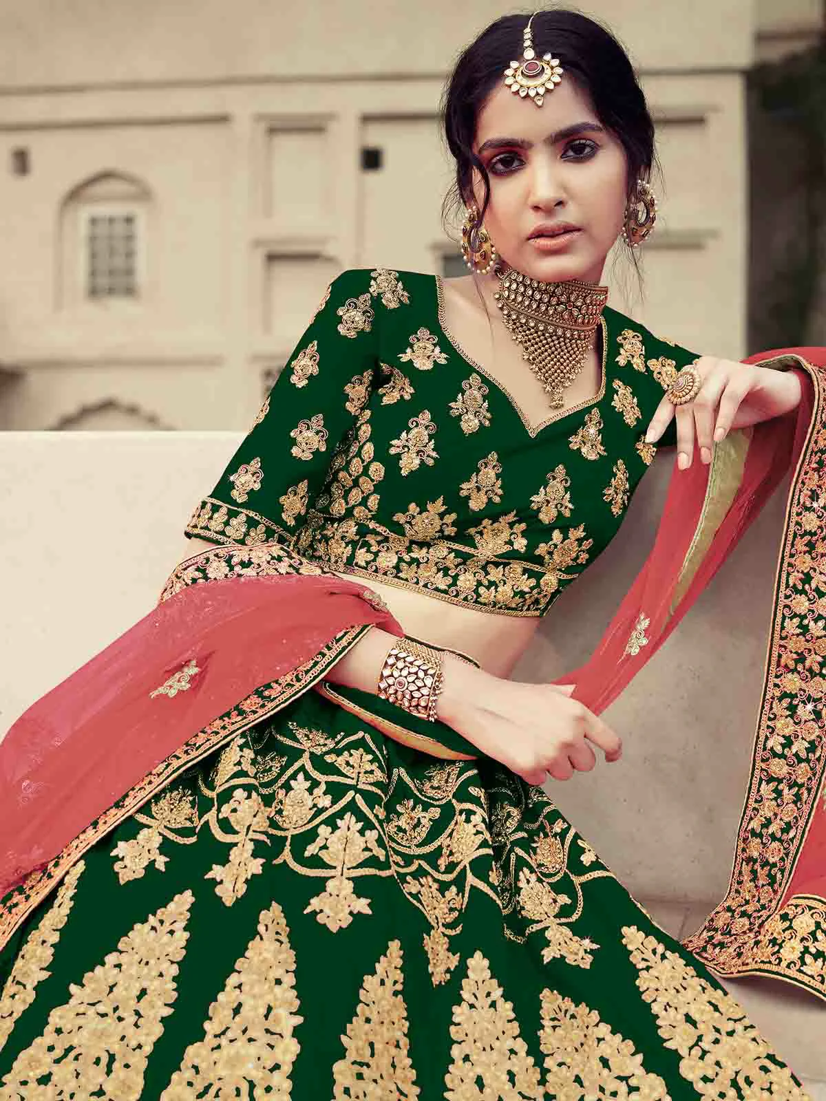 Odette Women Green Embroidered Semi Stitched Lehenga With Unstitched Blouse - Image 2