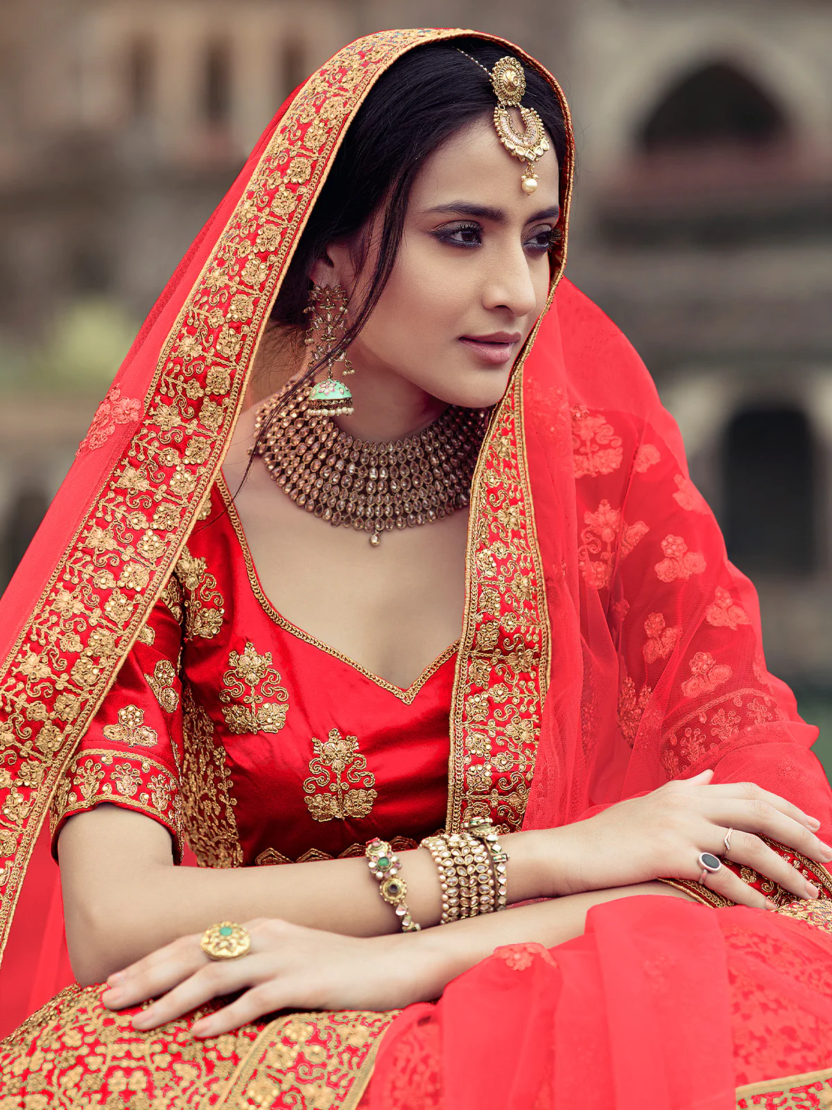 Odette Women Red Embroidered Semi Stitched Lehenga With Unstitched Blouse - Image 2