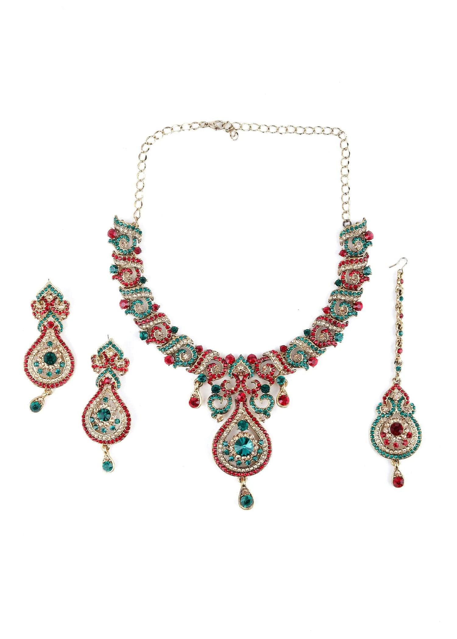 Odette Women Red, Gold And Green Crystal Necklace Set