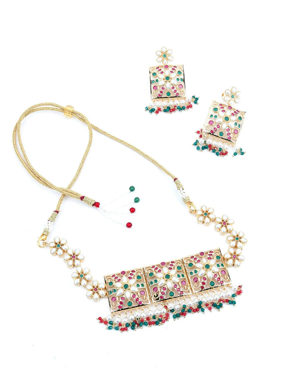 Odette Women Red-Green Square Multicolour Choker Set - Image 3