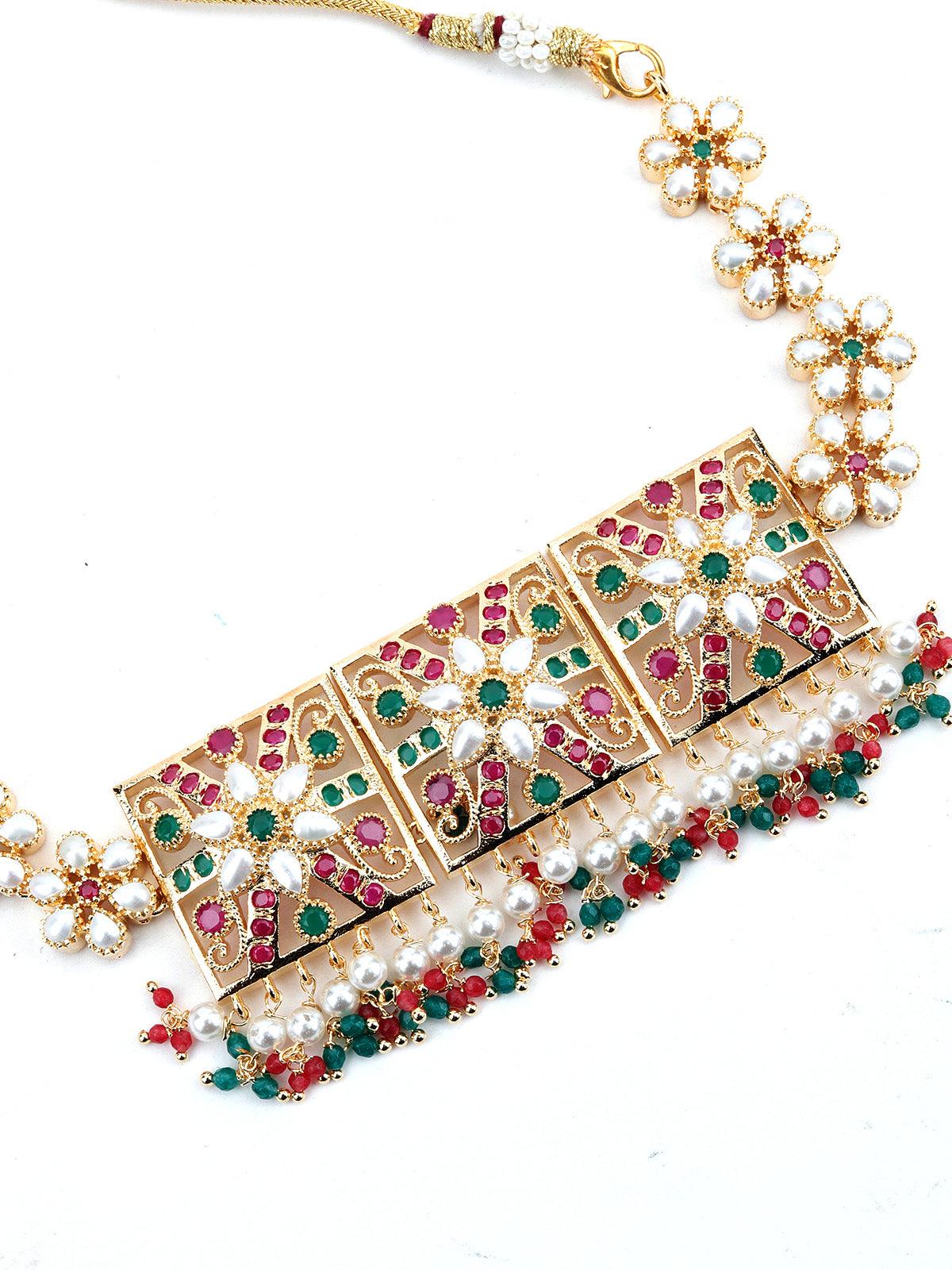 Odette Women Red-Green Square Multicolour Choker Set - Image 5