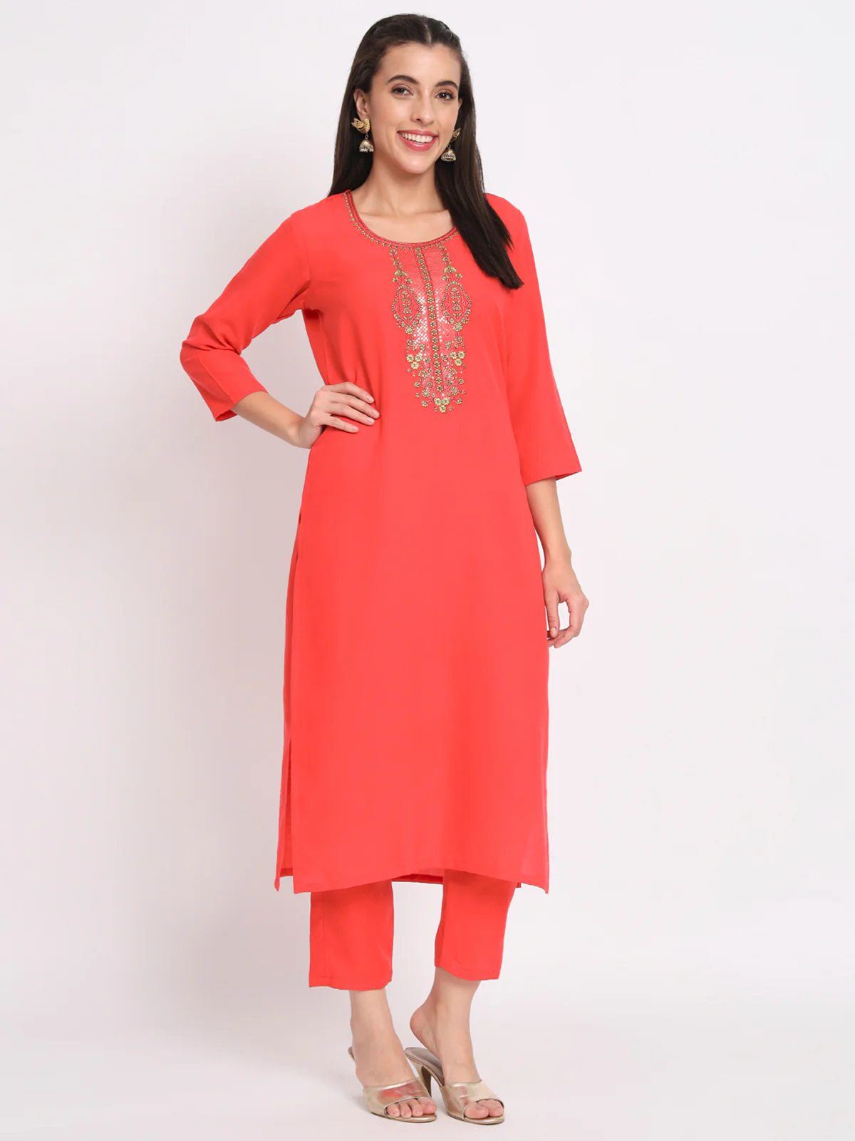 Odette Women Red Cotton Blend Embroidered Stitched Kurta Set - Image 3