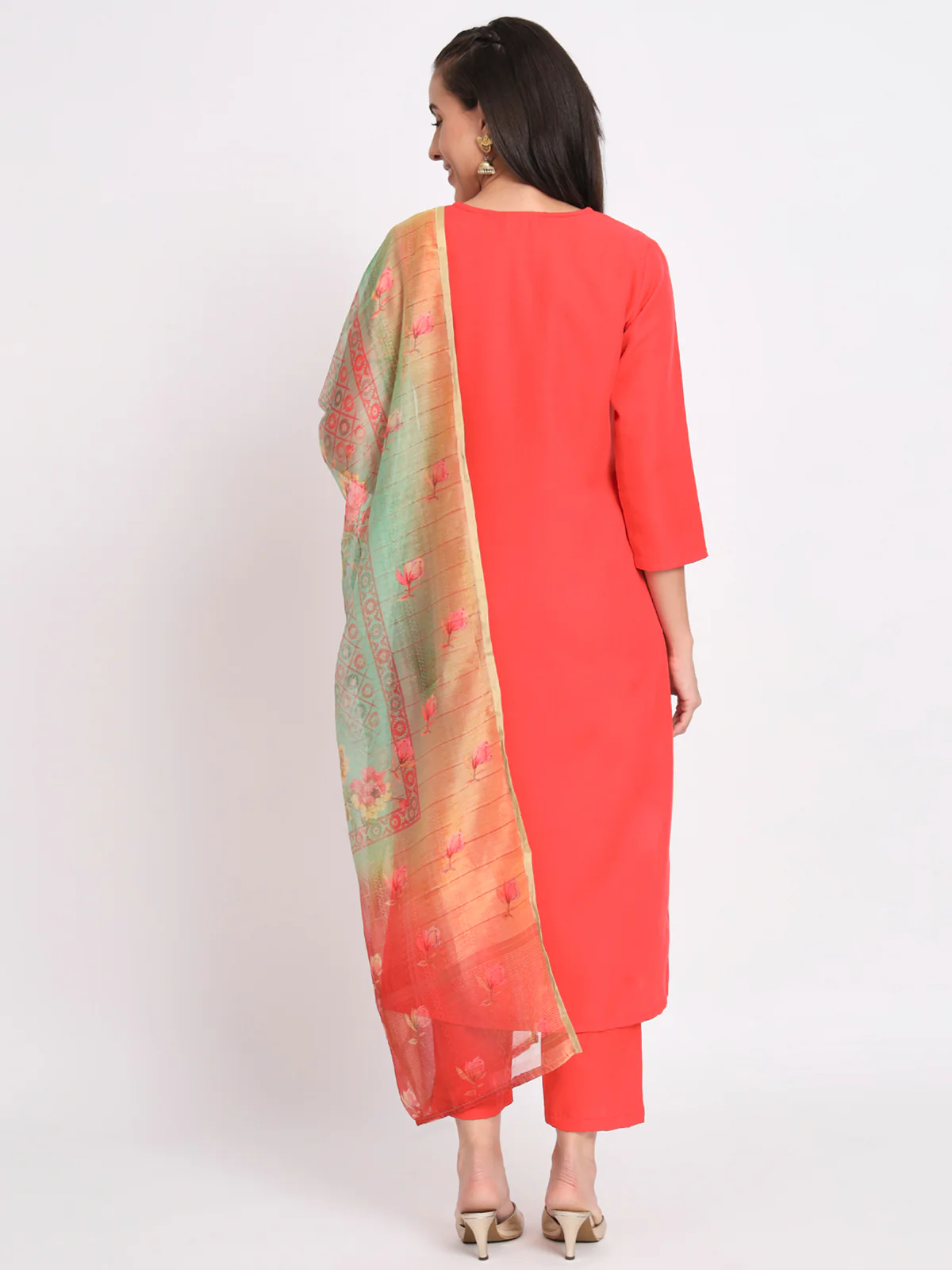 Odette Women Red Cotton Blend Embroidered Stitched Kurta Set - Image 4