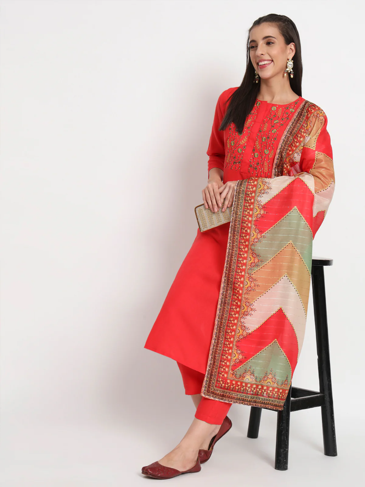 Odette Women Red Cotton Blend Floral Printed Stitched Kurta Set - Image 2