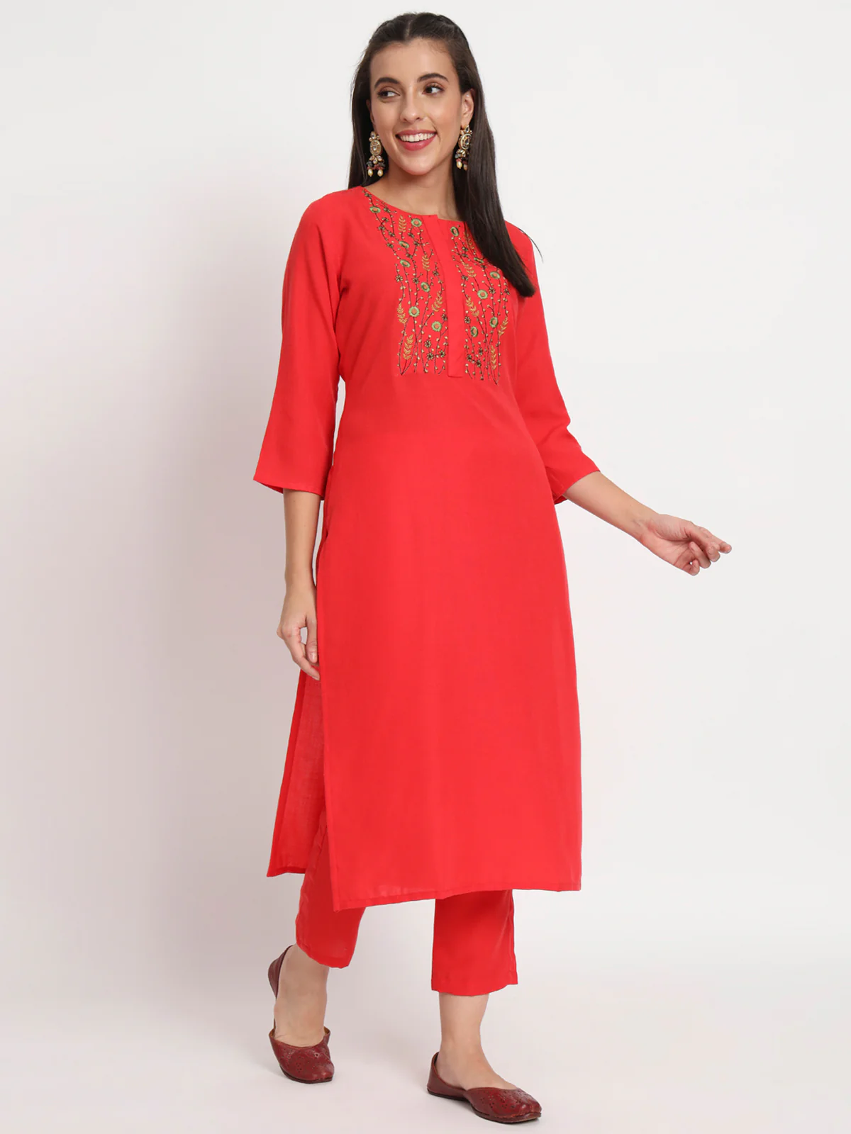 Odette Women Red Cotton Blend Floral Printed Stitched Kurta Set - Image 3