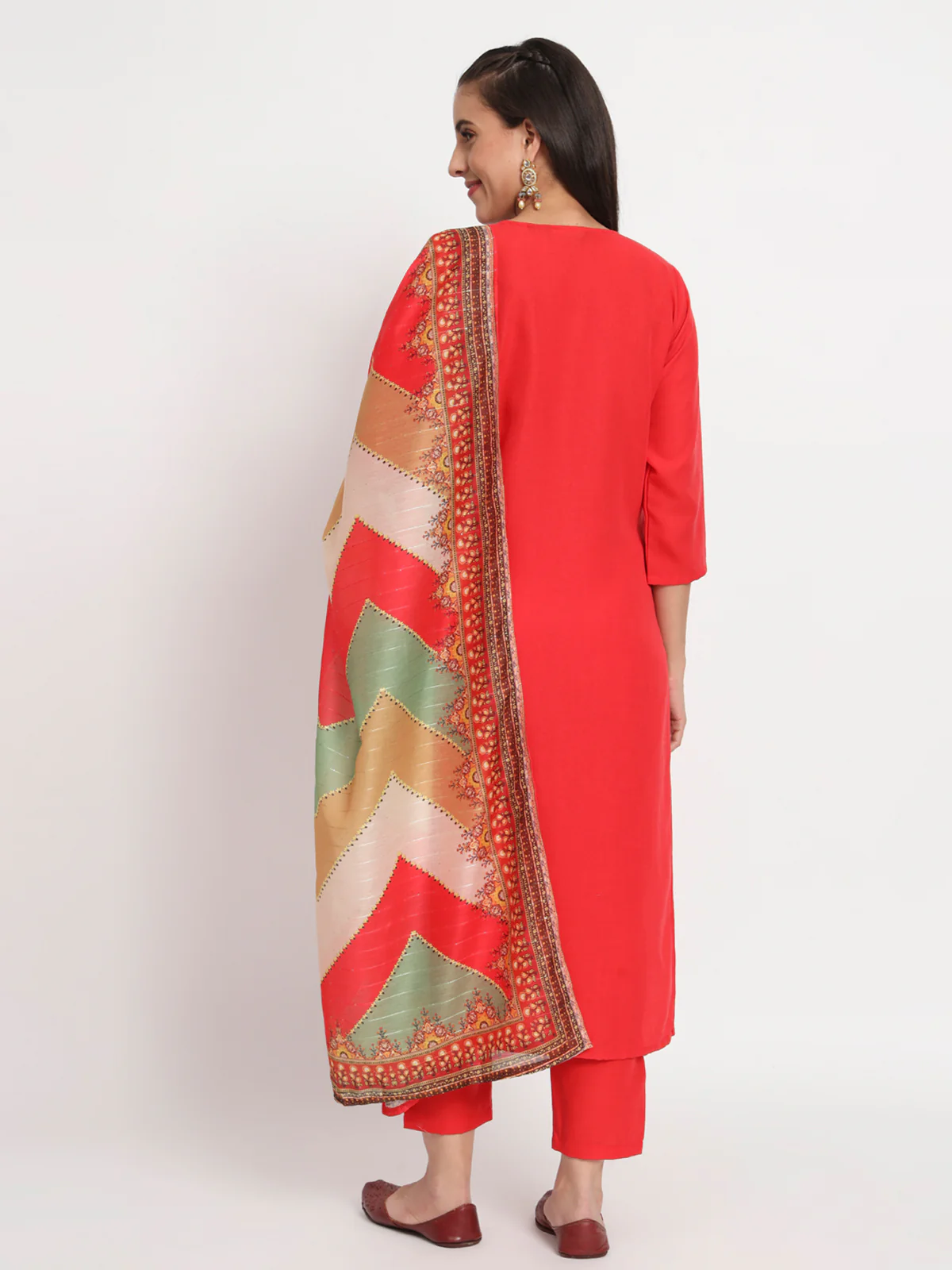 Odette Women Red Cotton Blend Floral Printed Stitched Kurta Set - Image 4