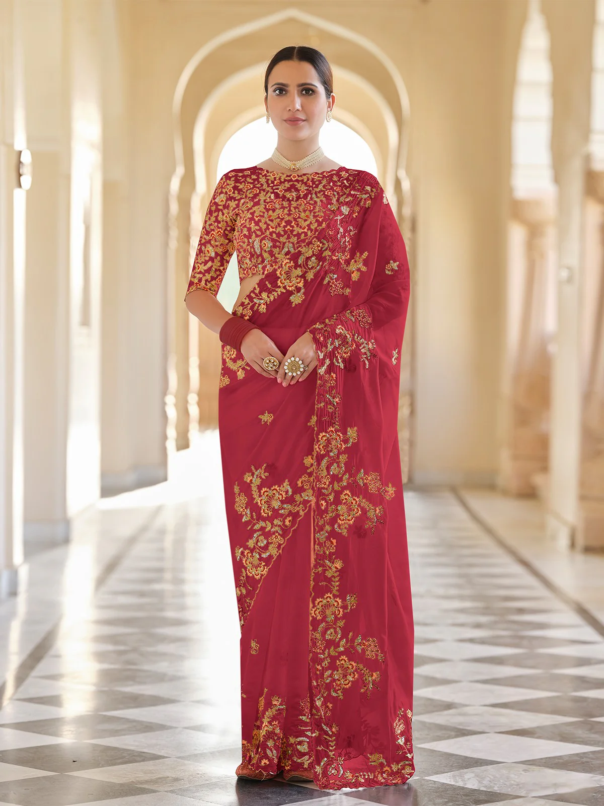 Odette Women Red Organza Embroidered Saree With Unstitched Blouse