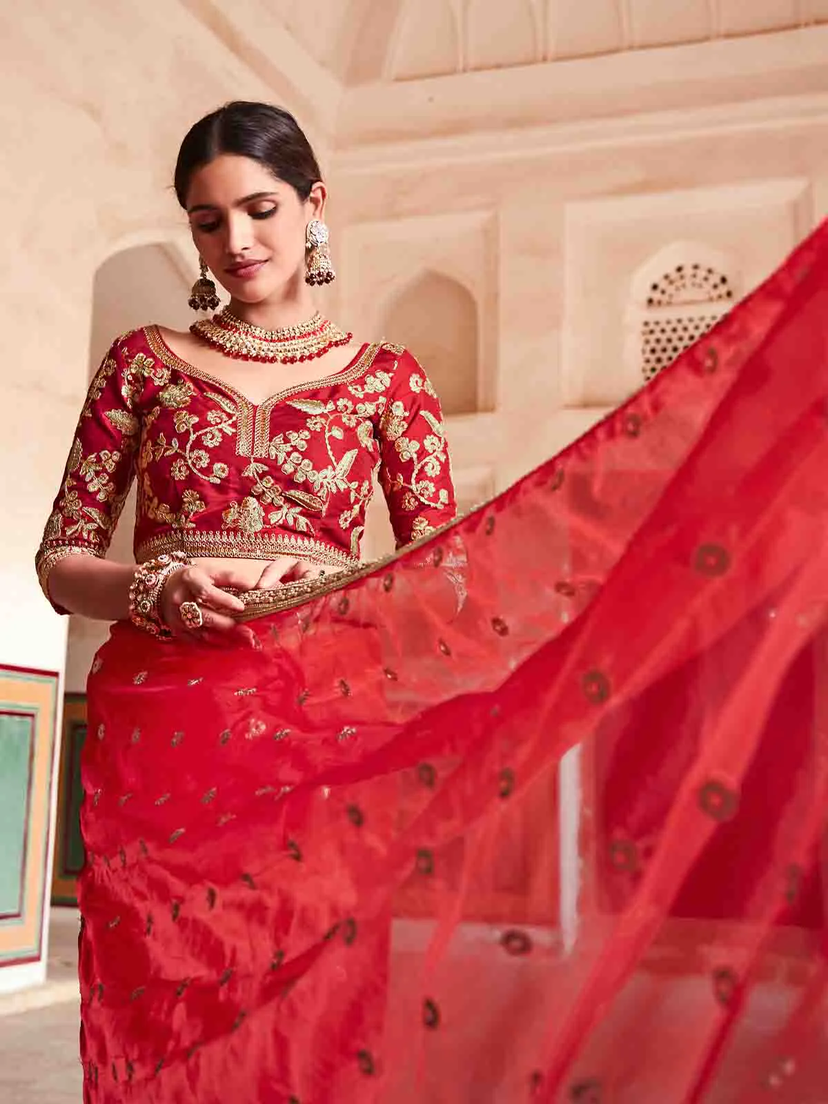 Odette Women Red Organza Embroidered Saree With Unstitched Blouse - Image 3