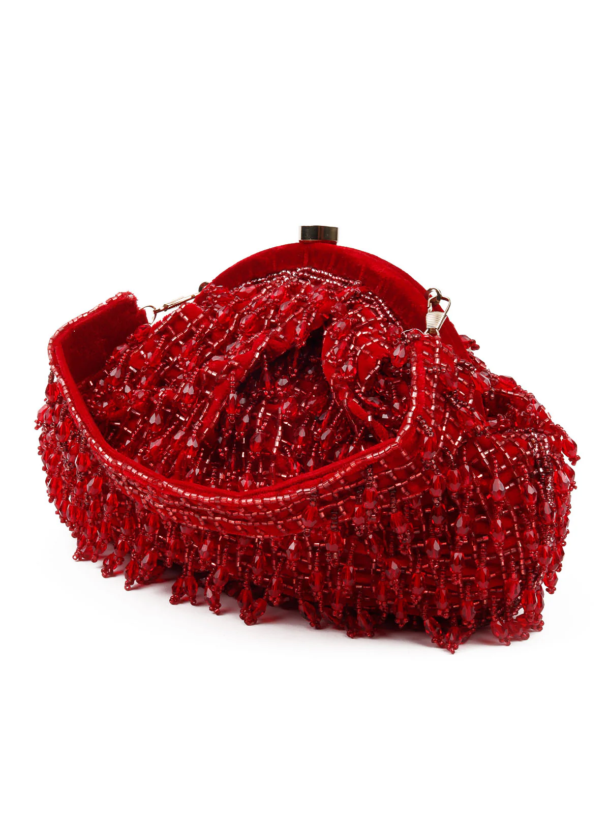 Odette Women Red Pearl Studded Bridal Clutch Bag - Image 4