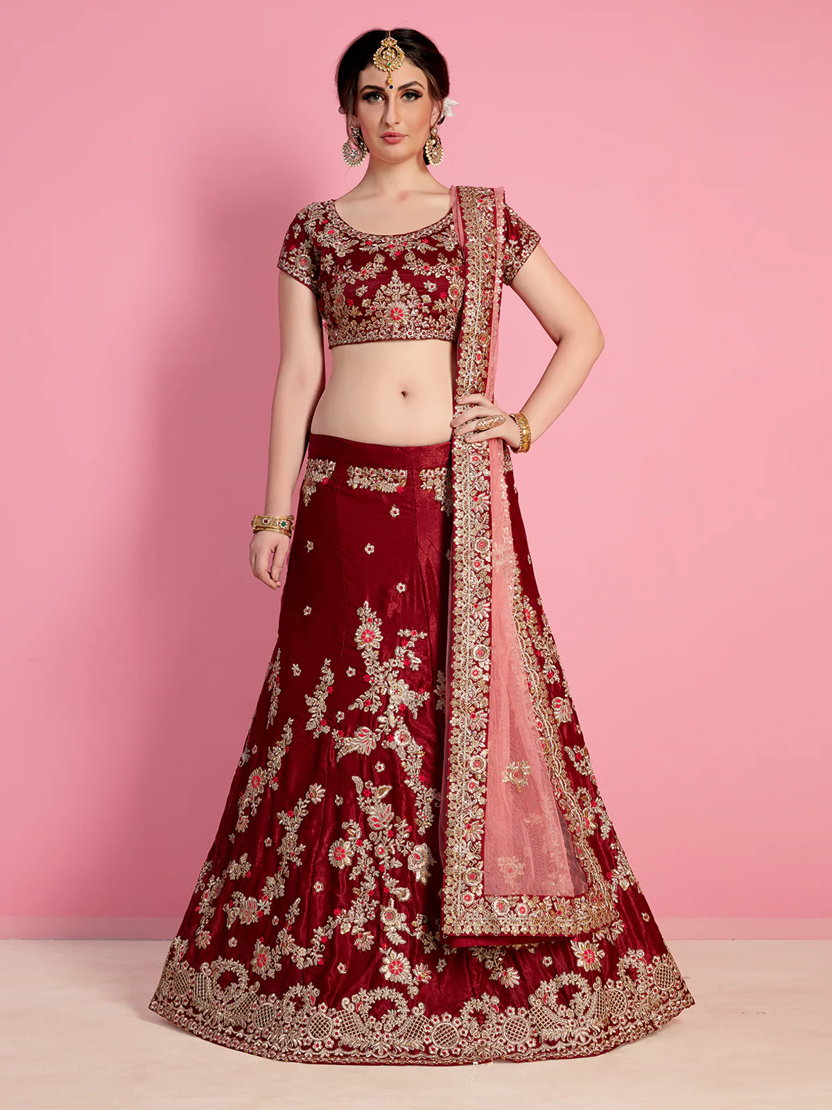 Odette Women Red Embroidered Velvet Silk Semi Stitched Lehenga With Unstitched Blouse - Image 2