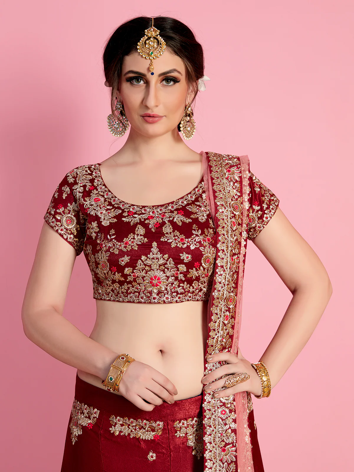 Odette Women Red Embroidered Velvet Silk Semi Stitched Lehenga With Unstitched Blouse - Image 3