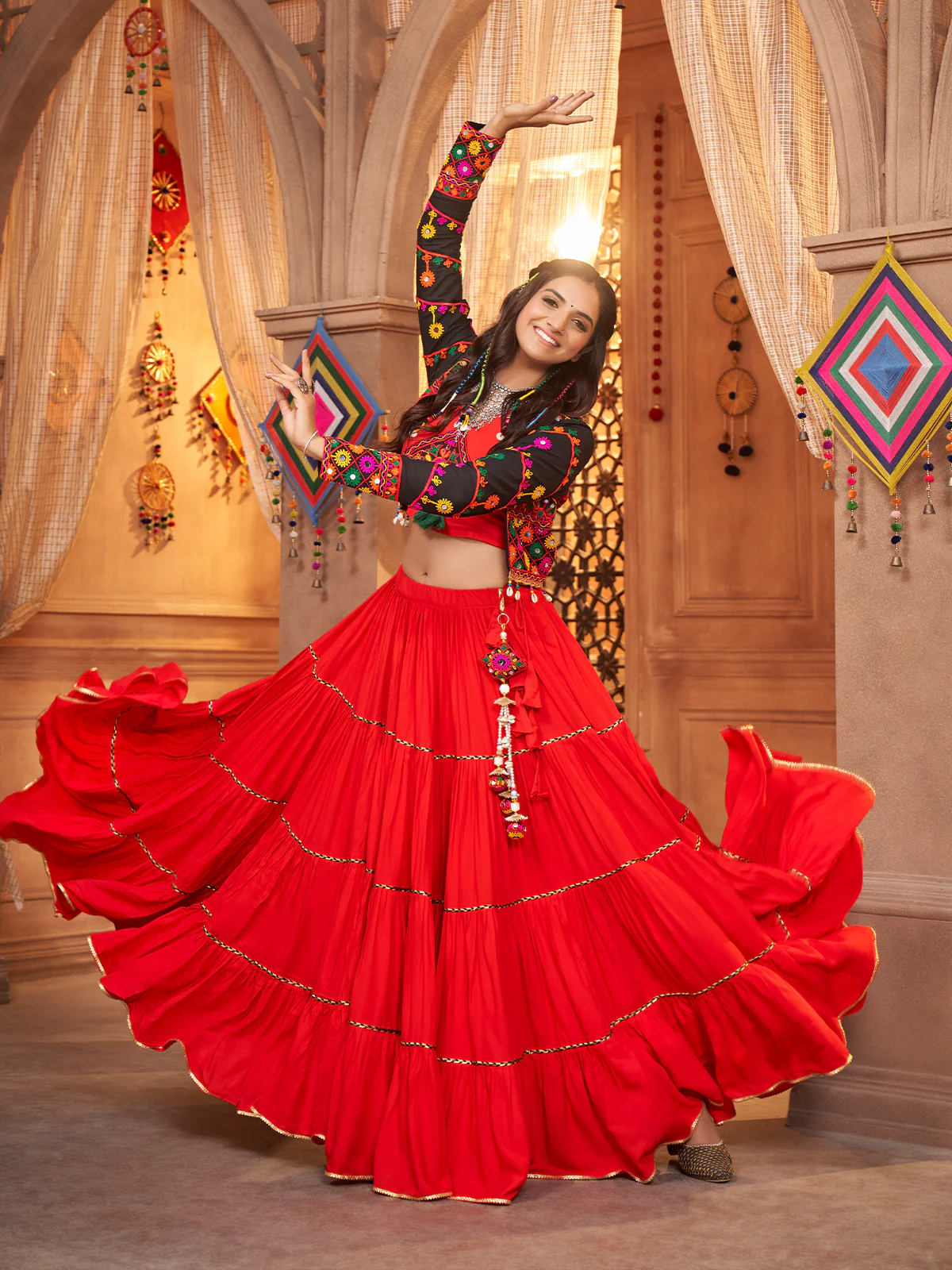 Odette Red Viscose Rayon Embroidered Stitched Lehenga Choli For Women - Image 3