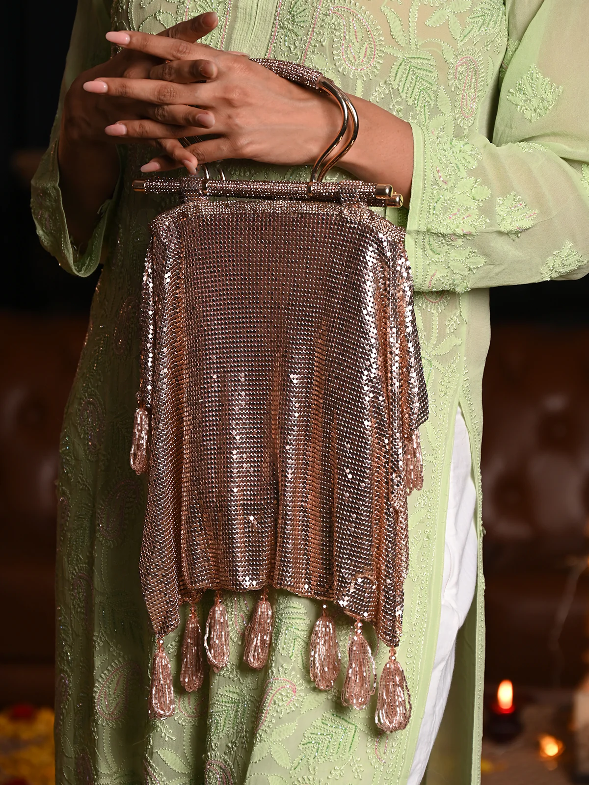 Odette Rose Gold Embellished Party Clutch With Tassles For Women - Image 2
