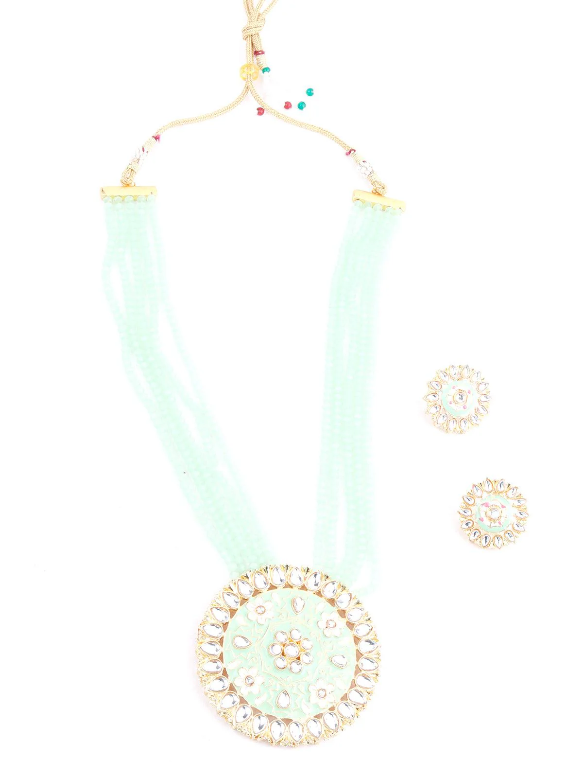 Odette Women Round Green And White Kundan Jewellery Set - Image 3
